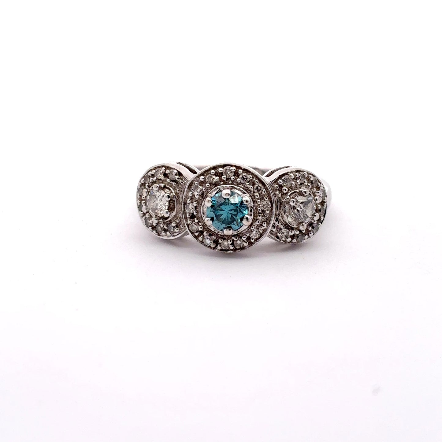 Teal Blue Diamond Center Halo Pinky or Child's Ring 14k White Gold Preowned