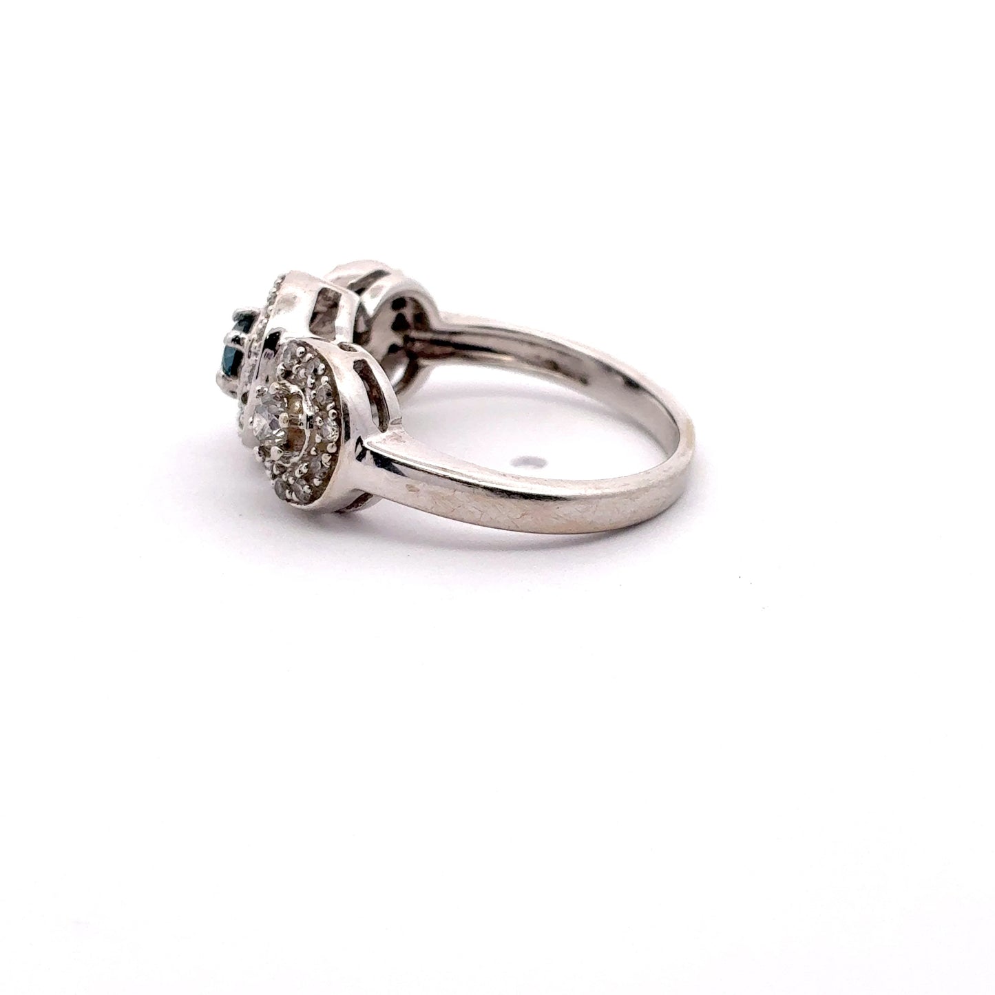 Teal Blue Diamond Center Halo Pinky or Child's Ring 14k White Gold Preowned