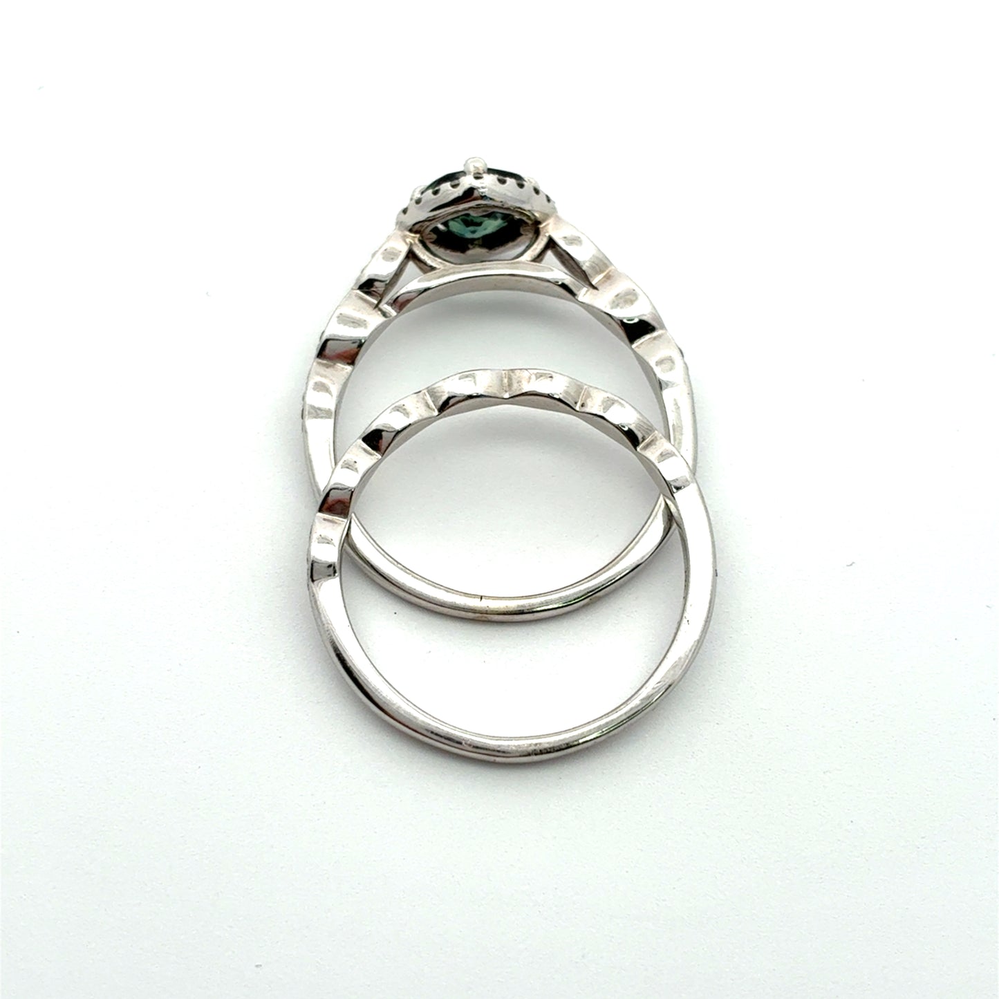 14k White Gold Diamond and Teal Green Sapphire Wedding Ring Set Size 7