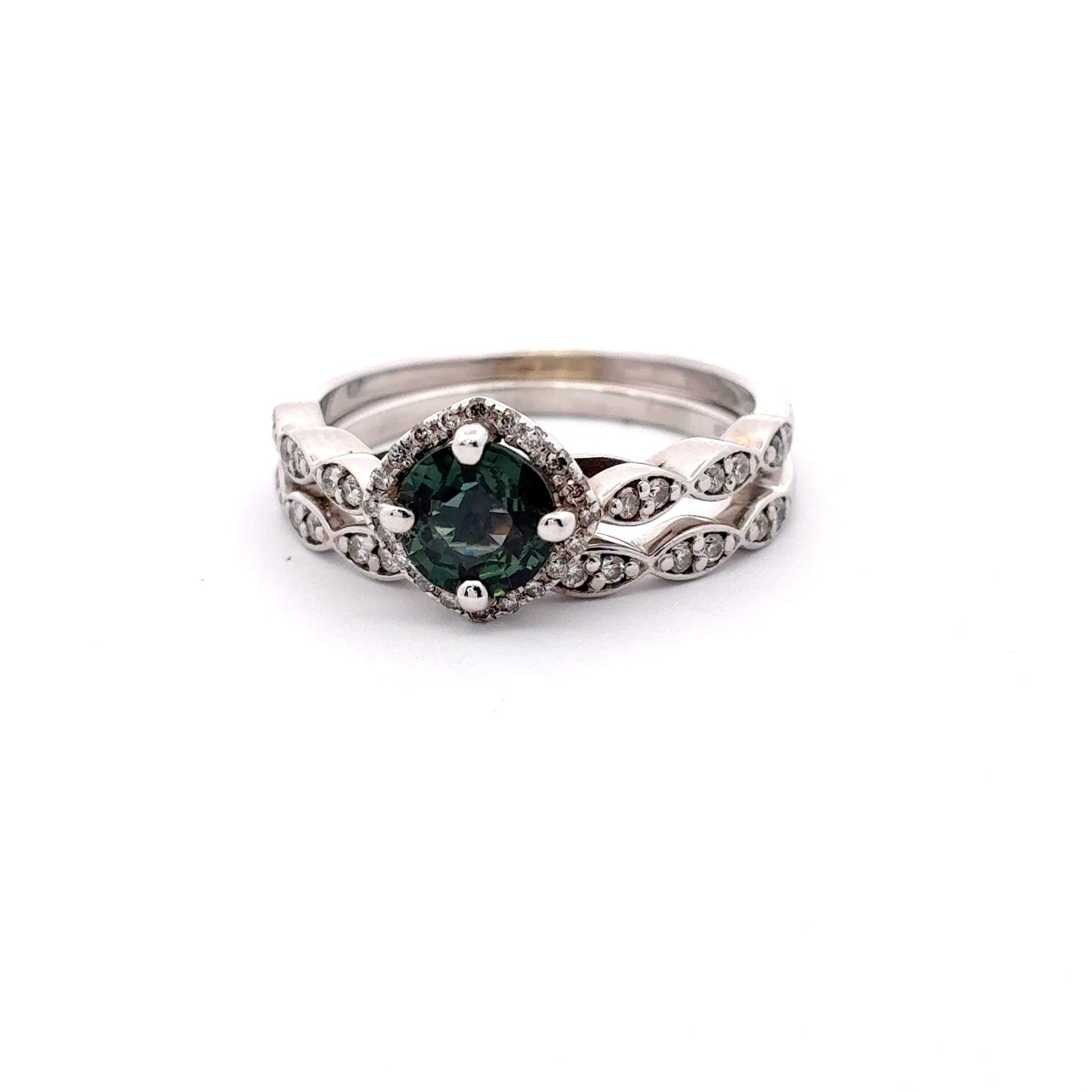14k White Gold Diamond and Teal Green Sapphire Wedding Ring Set Size 7