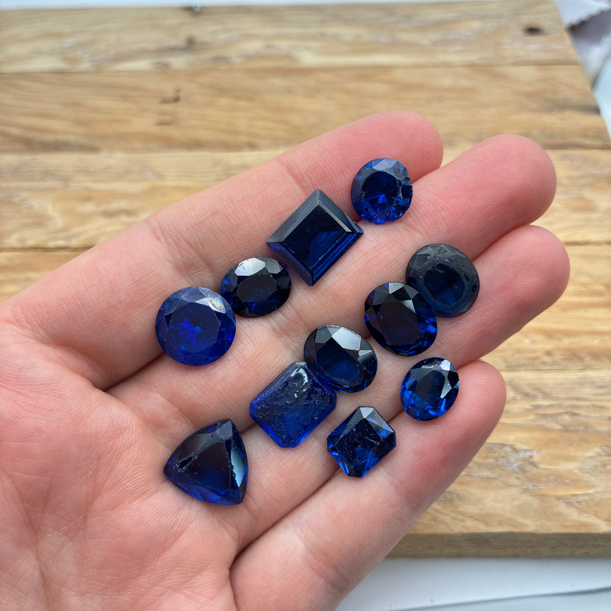 52 carat Lot of Lab Created Blue Spinel 11 stones, Discounted Worn, Faceted, Recycled, Chipped, Damaged Gemstones, Preformed Facet Rough
