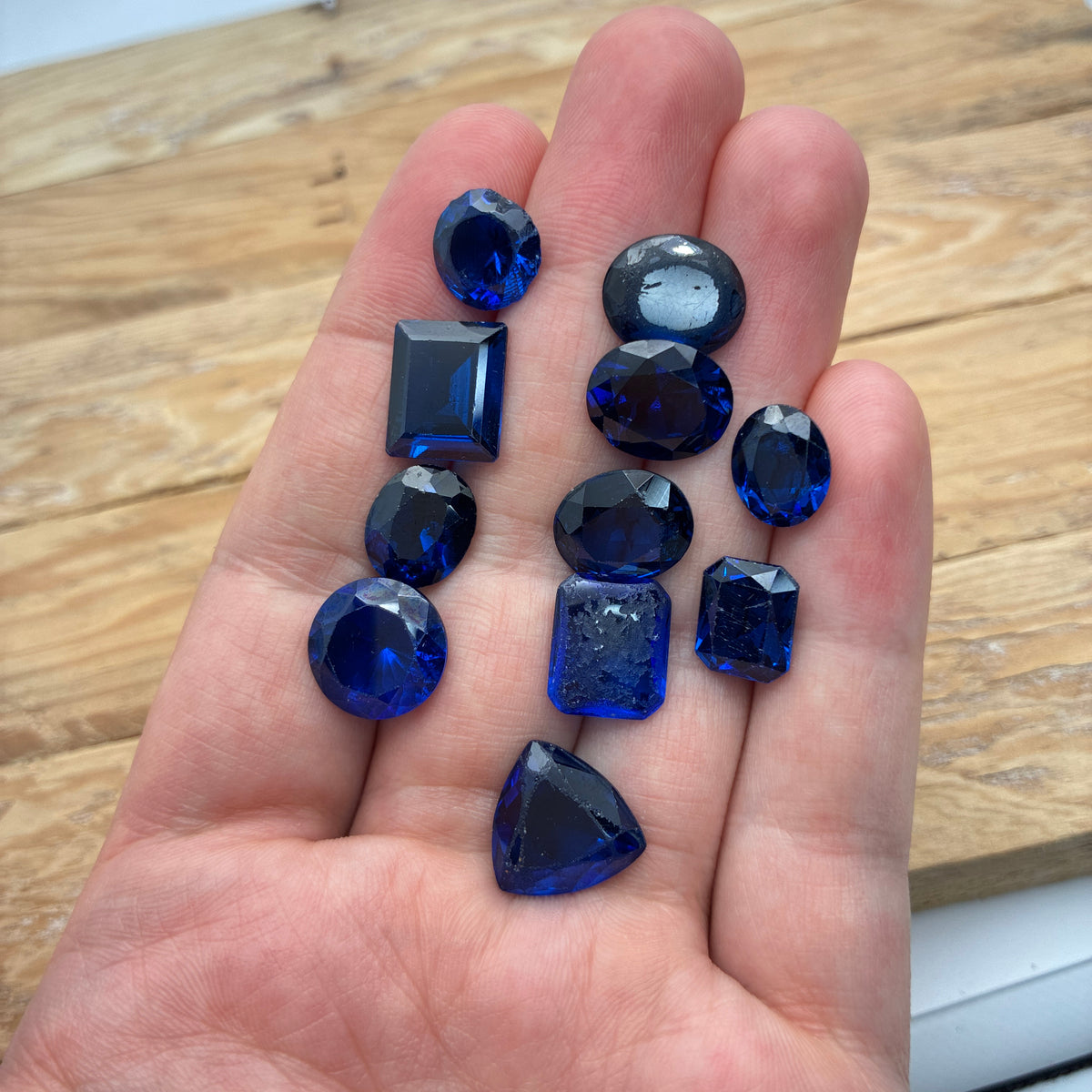 52 carat Lot of Lab Created Blue Spinel 11 stones, Discounted Worn, Faceted, Recycled, Chipped, Damaged Gemstones, Preformed Facet Rough
