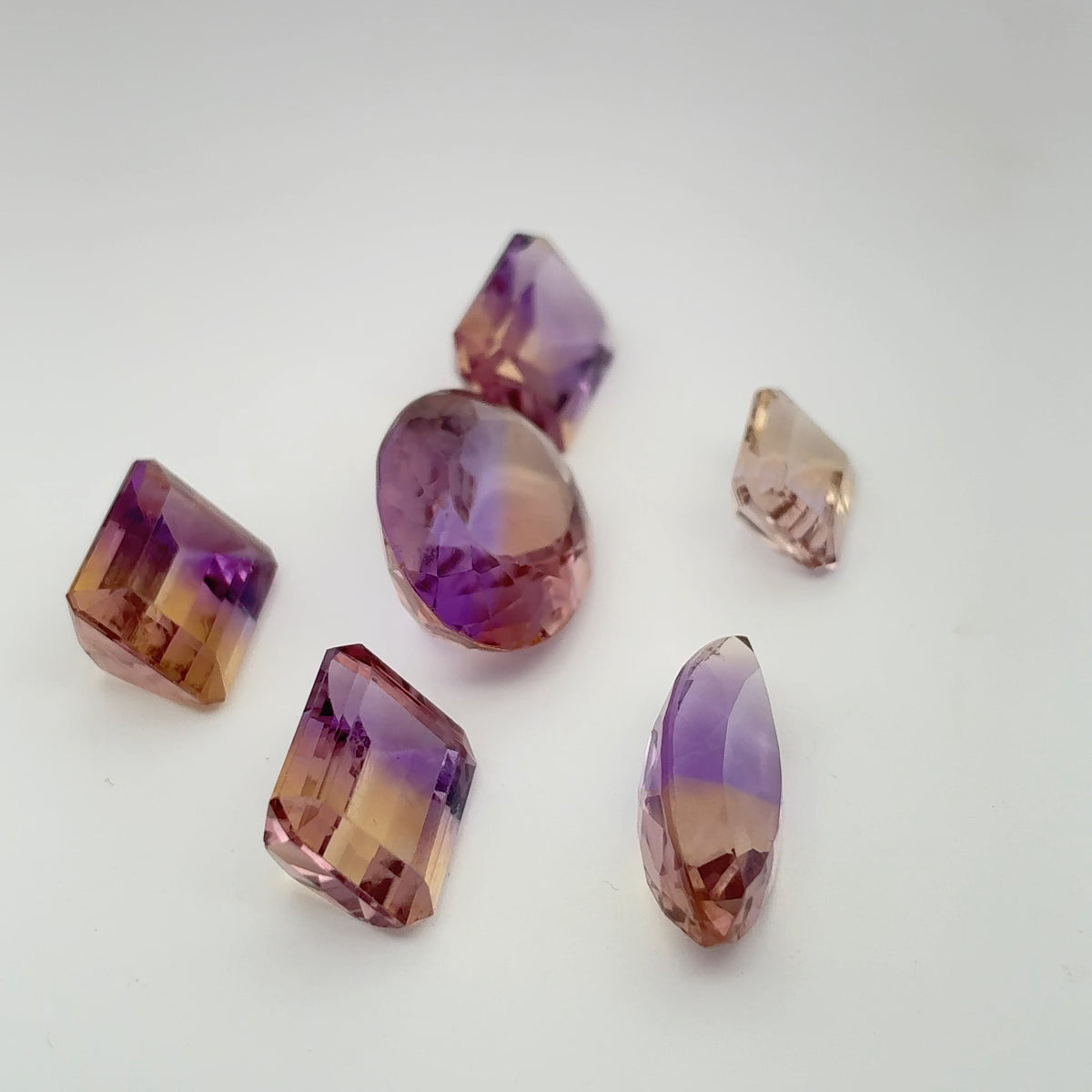 39 carat Lot of Ametrine, Worn Gems, 6 pieces, Faceted, Recycled, Chipped, Preformed Facet Rough, Light Purple and Yellow Bi-Color Quartz