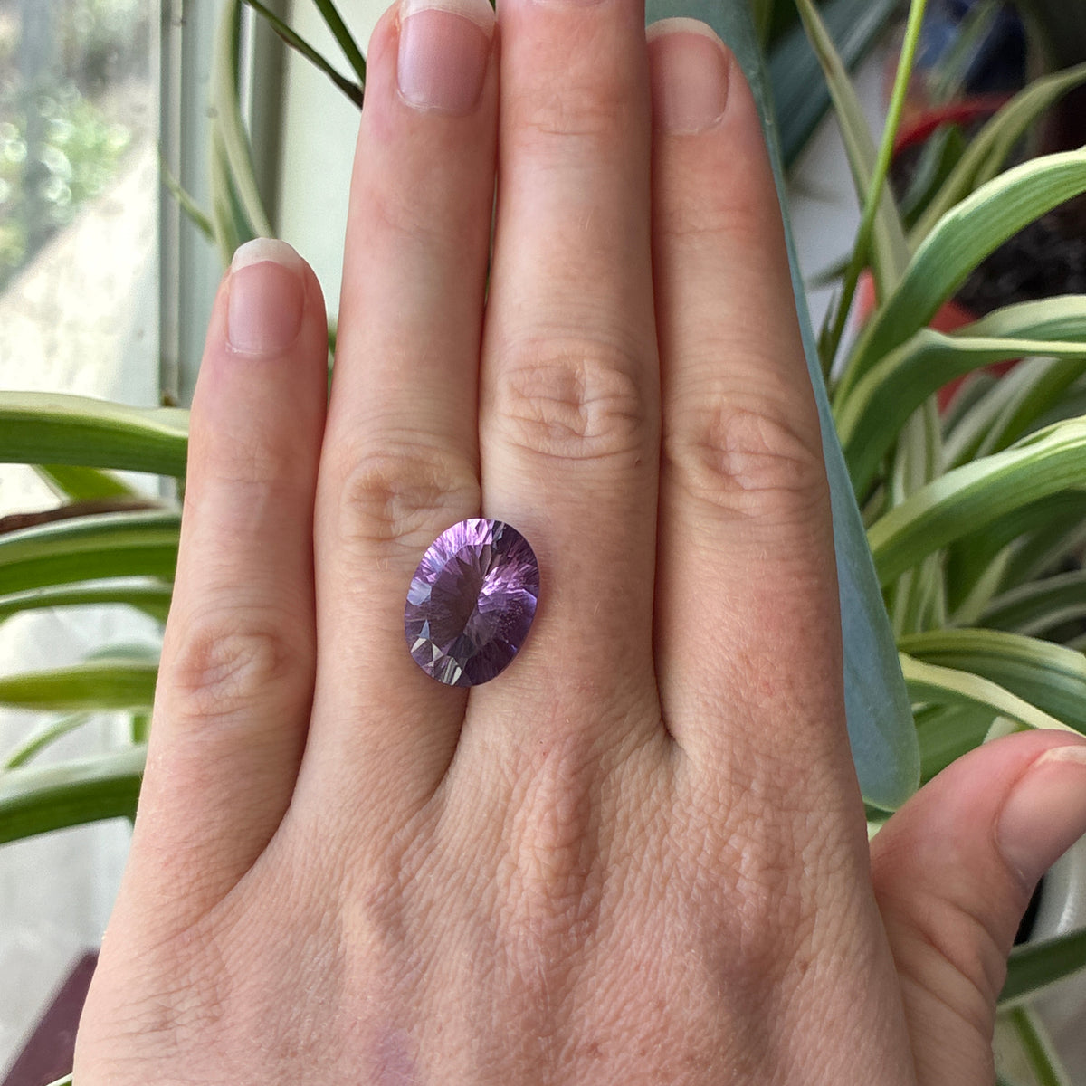 16x12mm Oval Cut Loose Amethyst Gemstone, 8.51 ct Fantasy cut, Concave faceted Gem