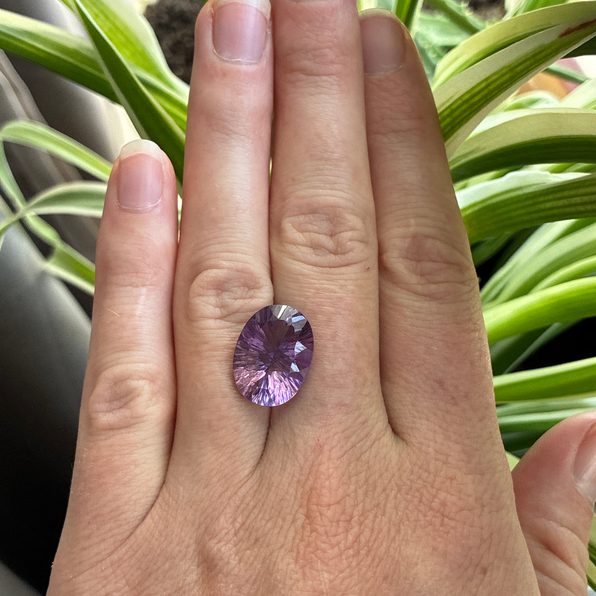 16x12mm Oval Cut Loose Amethyst Gemstone, 8.51 ct Fantasy cut, Concave faceted Gem