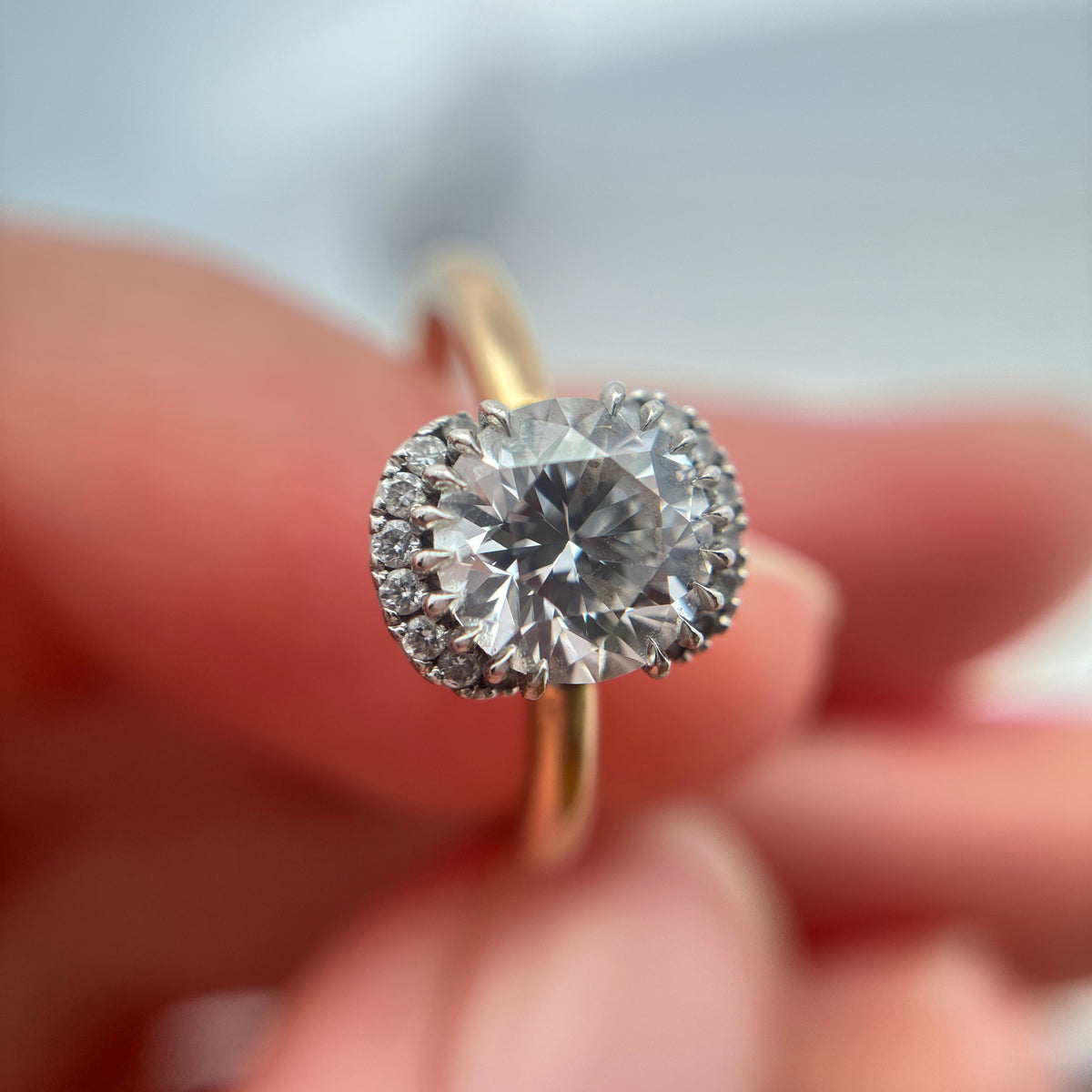 14k Yellow Gold and Platinum Lab Diamond Halo Engagement Ring, 1.23 carat, D Color VVS2
