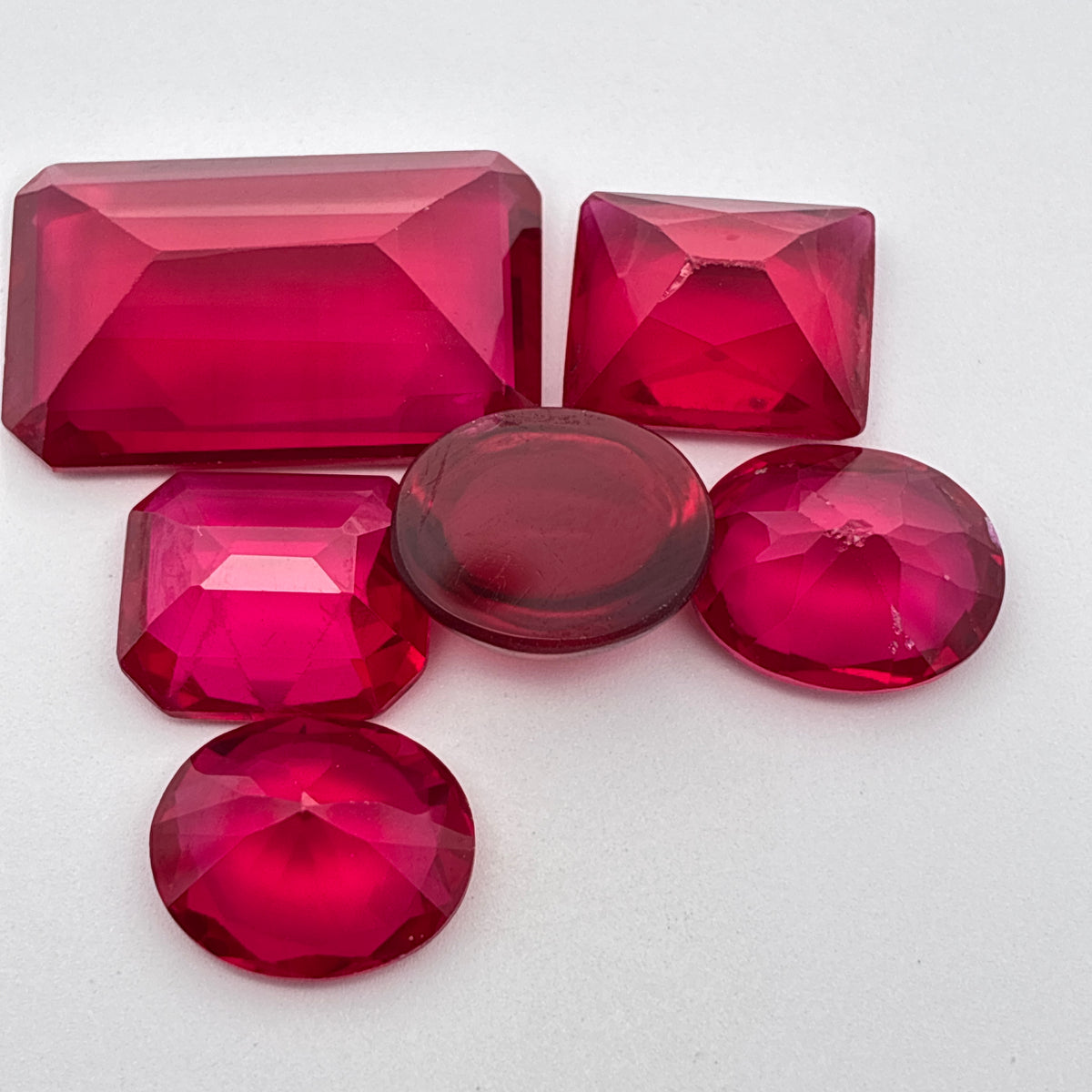 52 carat Lot of Lab Created Rubies, Discounted Worn Recycled, Chipped, Damaged Gemstones, 6 Stones