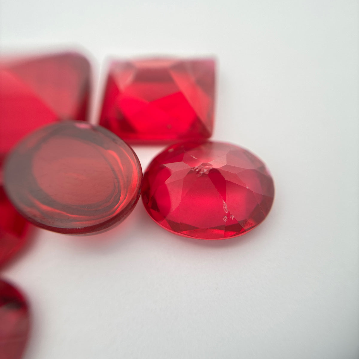 52 carat Lot of Lab Created Rubies, Discounted Worn Recycled, Chipped, Damaged Gemstones, 6 Stones