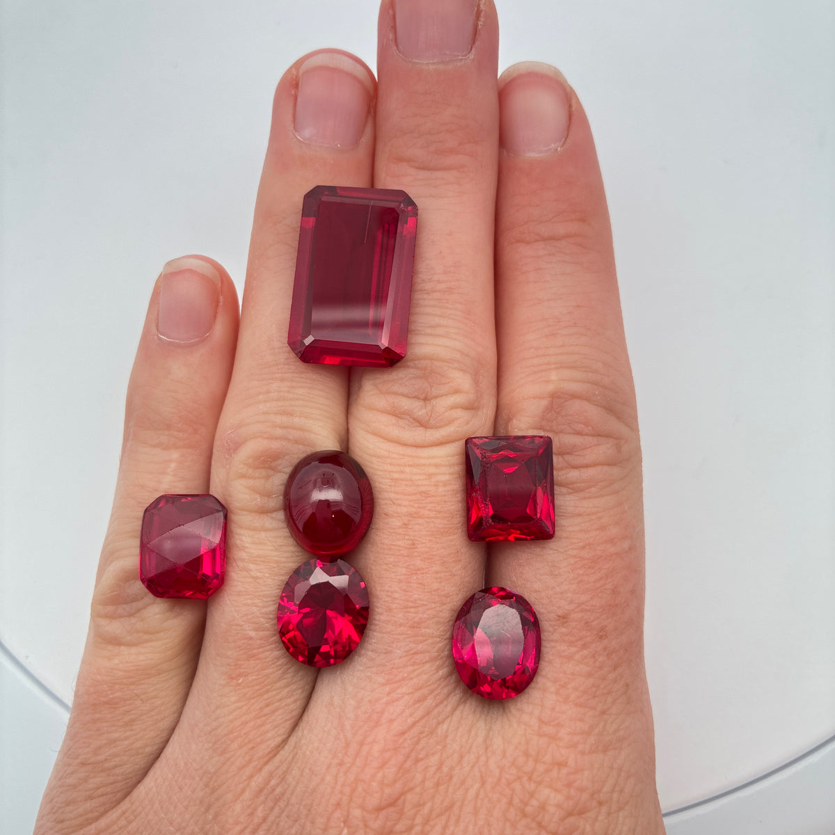 52 carat Lot of Lab Created Rubies, Discounted Worn Recycled, Chipped, Damaged Gemstones, 6 Stones