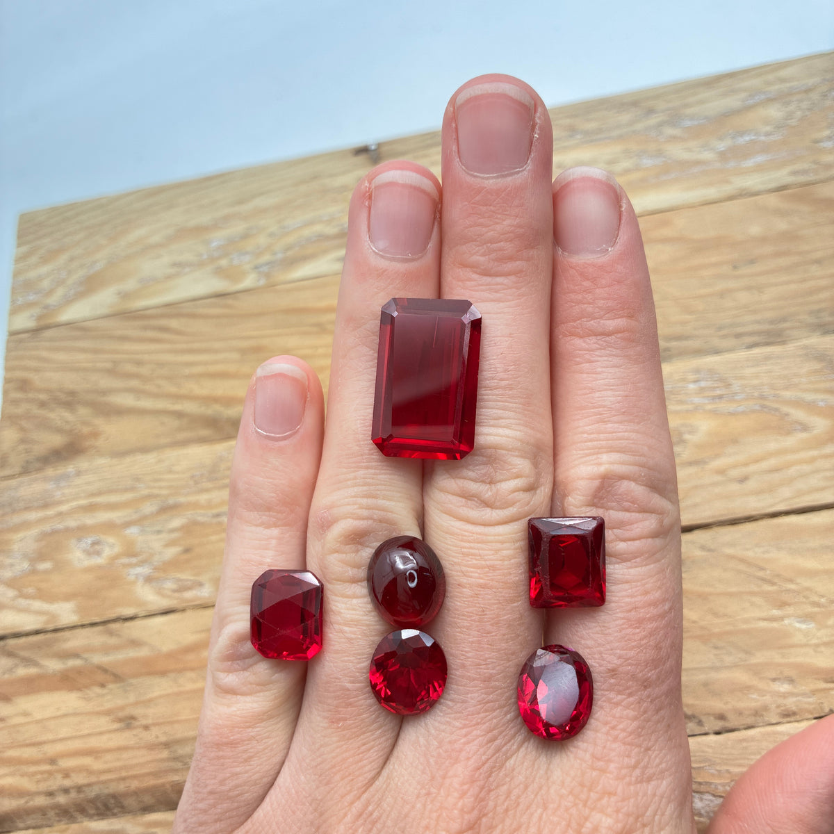52 carat Lot of Lab Created Rubies, Discounted Worn Recycled, Chipped, Damaged Gemstones, 6 Stones