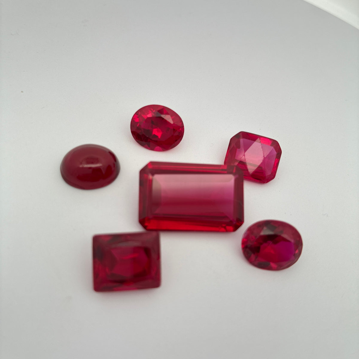 52 carat Lot of Lab Created Rubies, Discounted Worn Recycled, Chipped, Damaged Gemstones, 6 Stones