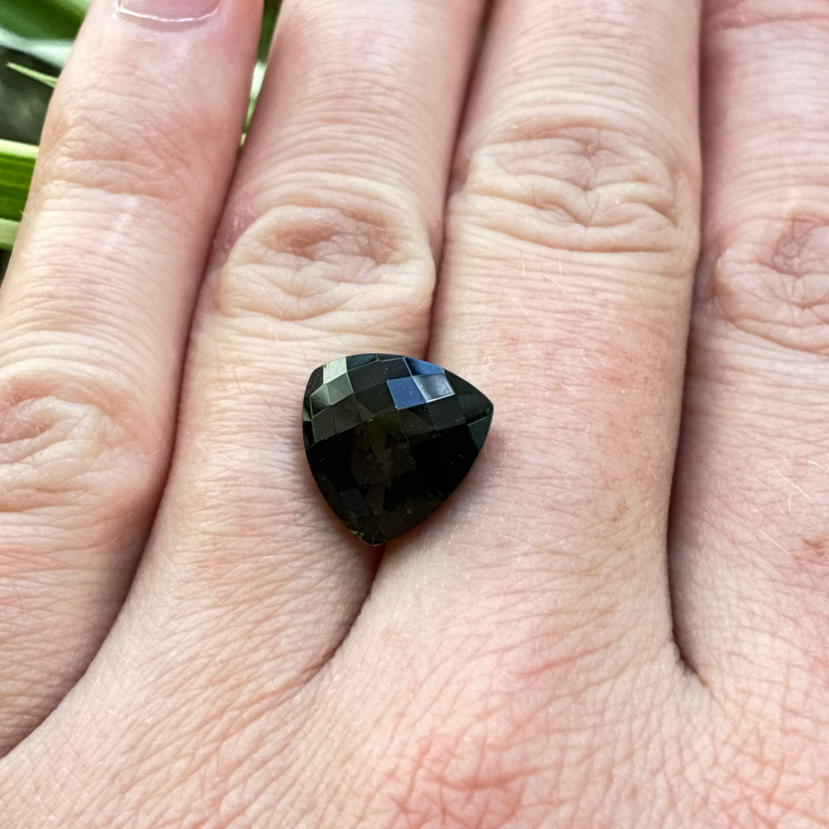 12mm Trillion Cut Dark Moldavite, 4.58 carat