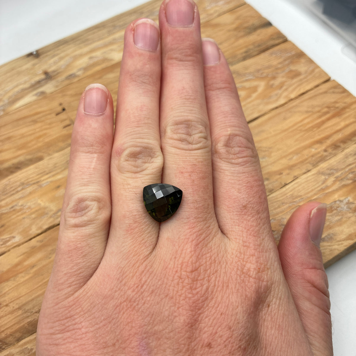 12mm Trillion Cut Dark Moldavite, 4.58 carat