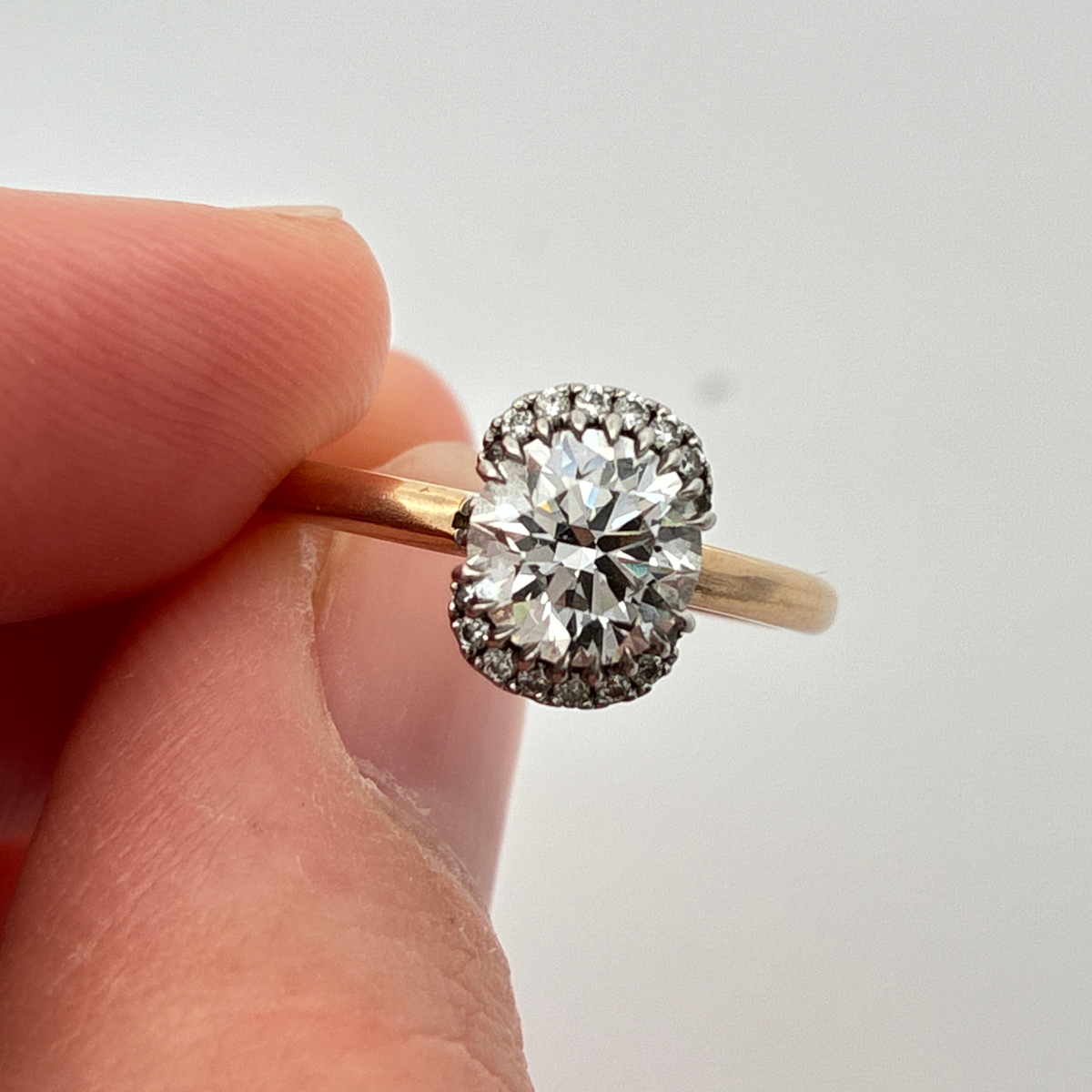 14k Yellow Gold and Platinum Lab Diamond Halo Engagement Ring, 1.23 carat, D Color VVS2