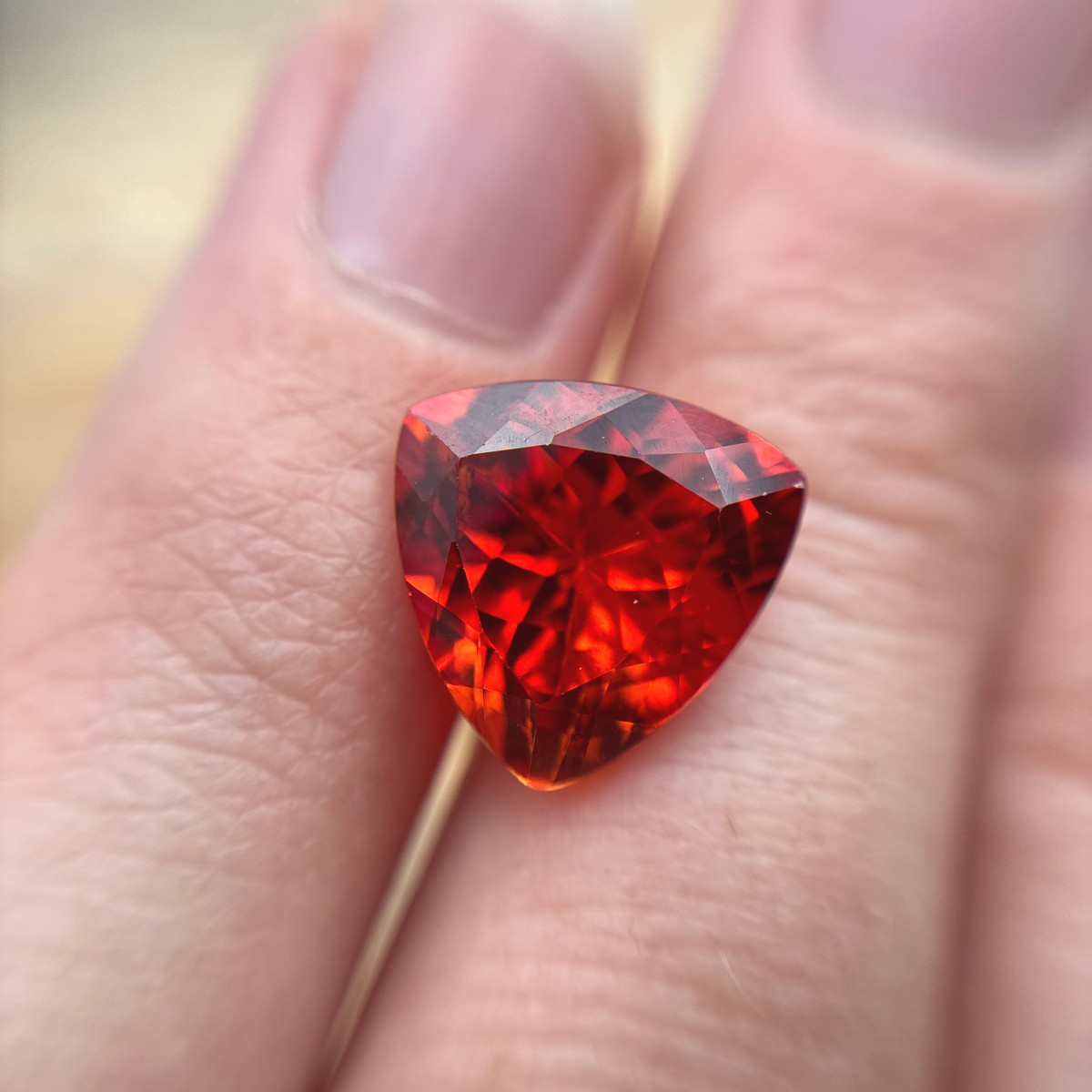 12mm Fiery Orange Lab Sapphire 7 carat, Trillion Cut Loose Gem