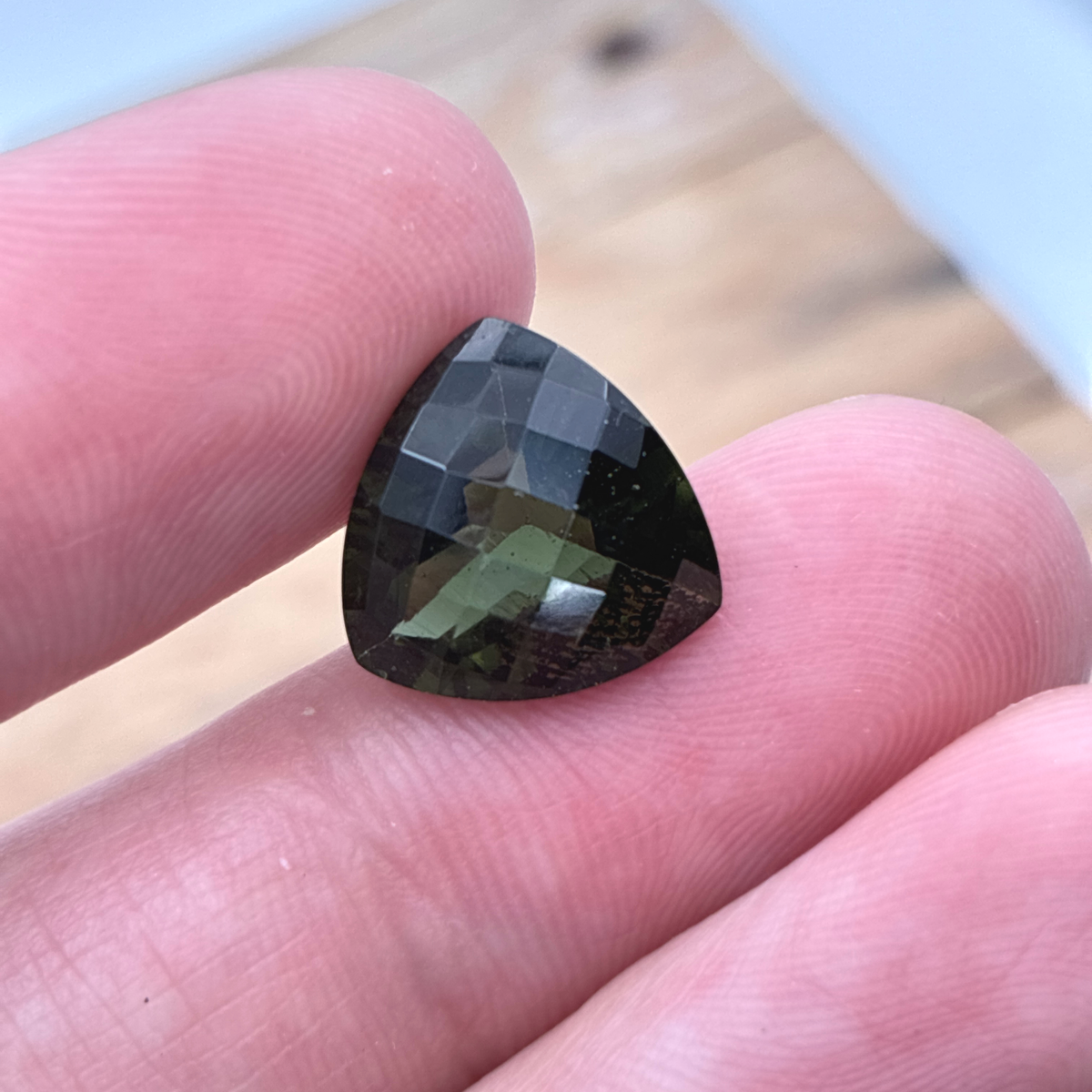 12mm Trillion Cut Dark Moldavite, 4.58 carat