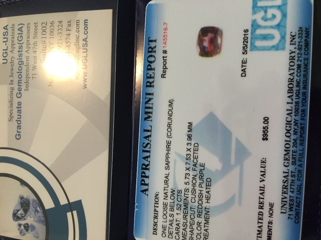 1.50 carats Purple Red Sapphire Certified cushion cut faceted gemstone loose 5.73x7.53 Heated gemstone