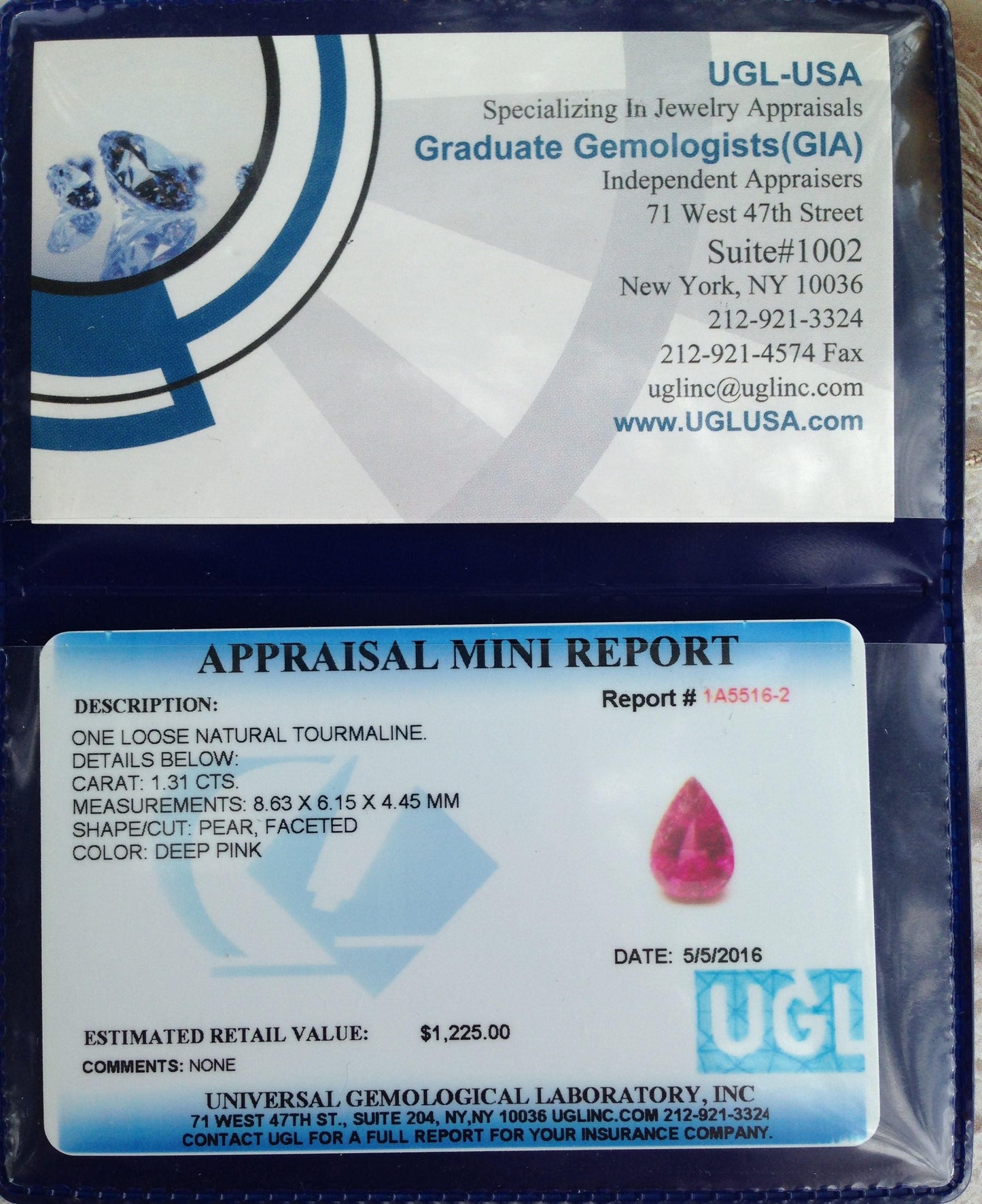UGL-USA Certified Natural Deep Hot Pink Tourmaline 1.31 carats Pear Cut Faceted 8.6 x 6 mm Loose Gemstone Gorgeous Color, Rare Color