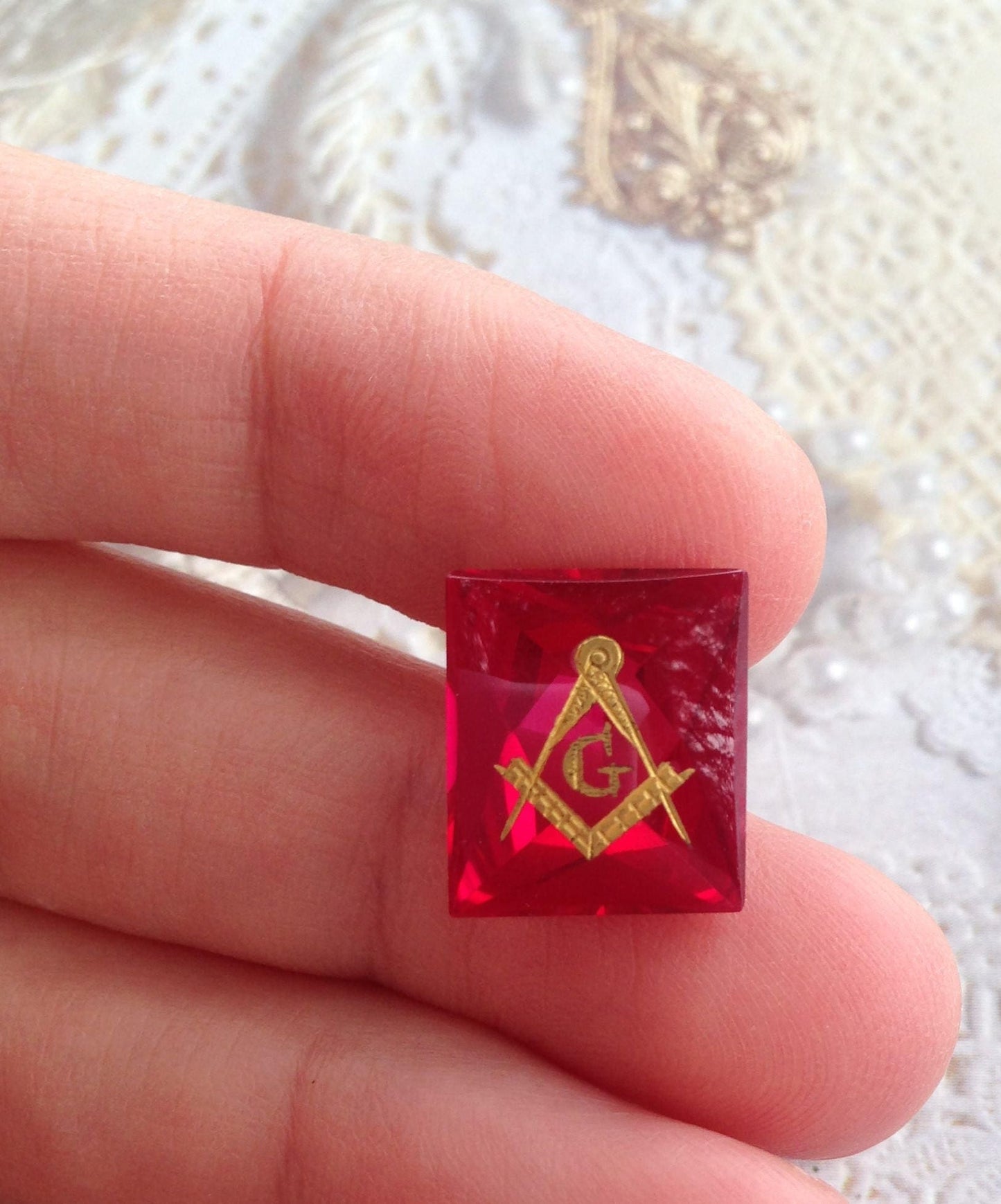 14x12mm 10.6 carats Rectangle Synthetic Ruby Masonic G Mason Faceted Carved Gold Coated Compas & Square