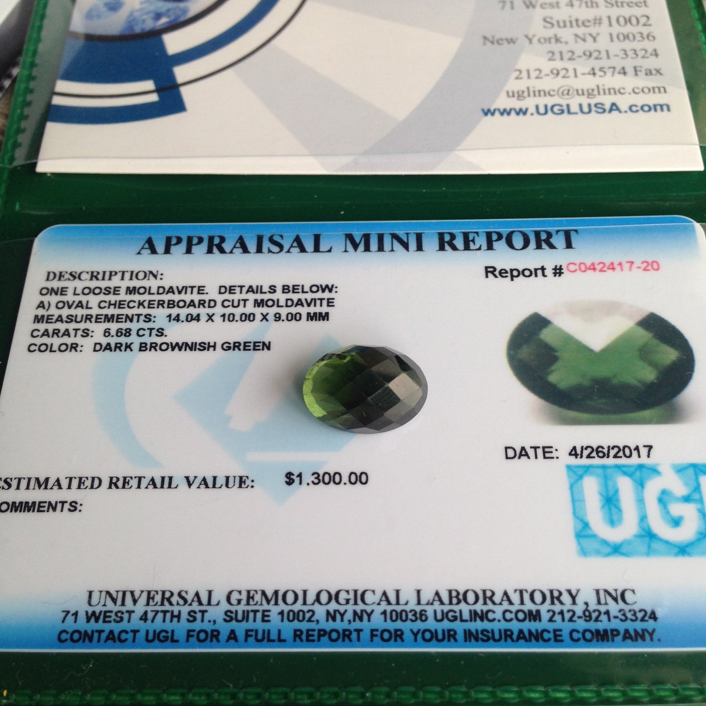 6.68 Carat UGL-USA Certified Moldavite Loose Gemstone Appraised Fancy Oval Checkerboard Cut Faceted Unusual 14x10x9mm