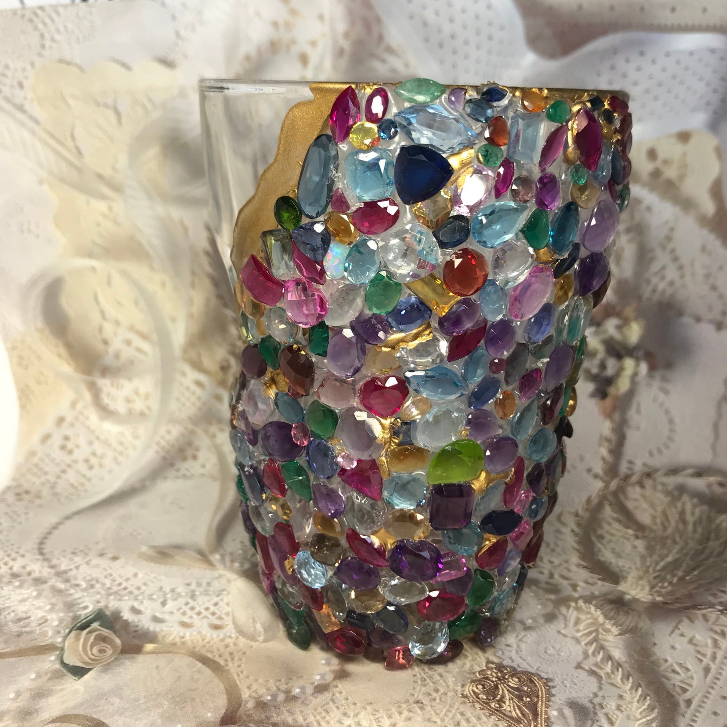 Jewel Encrusted Cup Gemstone Art Center Piece Vase Gems from Scrap Gold Jewelry Decorative Piece Modern Art Carats Multi Gemstone Lot Design