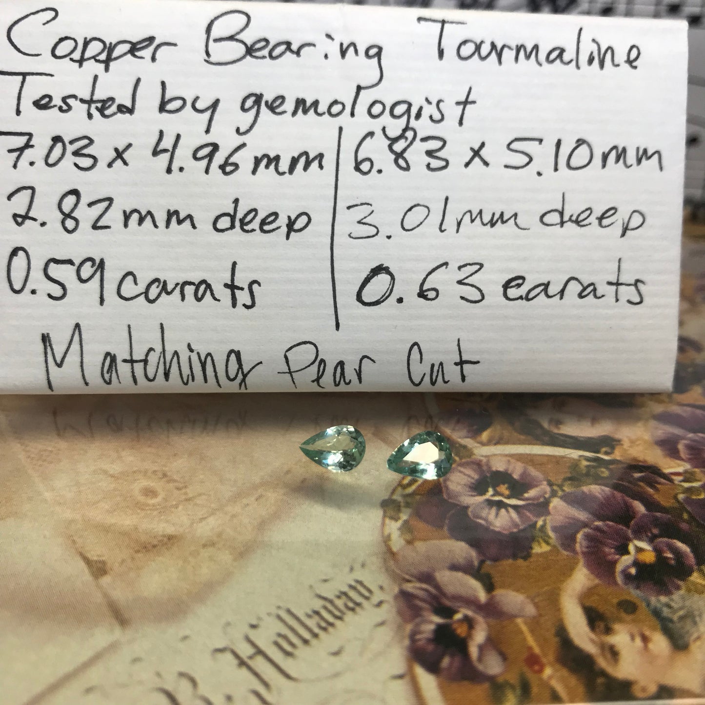 Natural Matching Pair Blue Green Cuprian Tourmaline Paraiba Color 0.60cts each 7x5mm Pear Faceted Loose Gemstone Copper Bearing 1.2 ctw