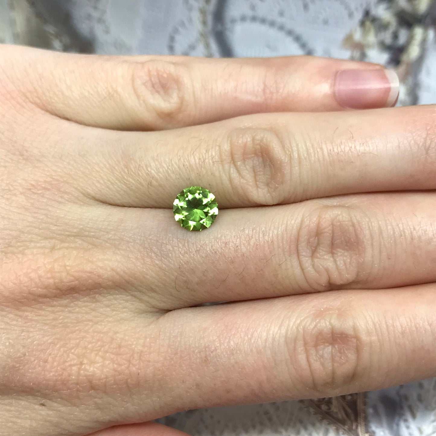 7.4 mm Green Peridot Precision Round Brilliant Cut 1.66 carat Faceted Loose Unmounted Natural Gem, Engagement, Jewelry, US Cut/Seller 7.5mm