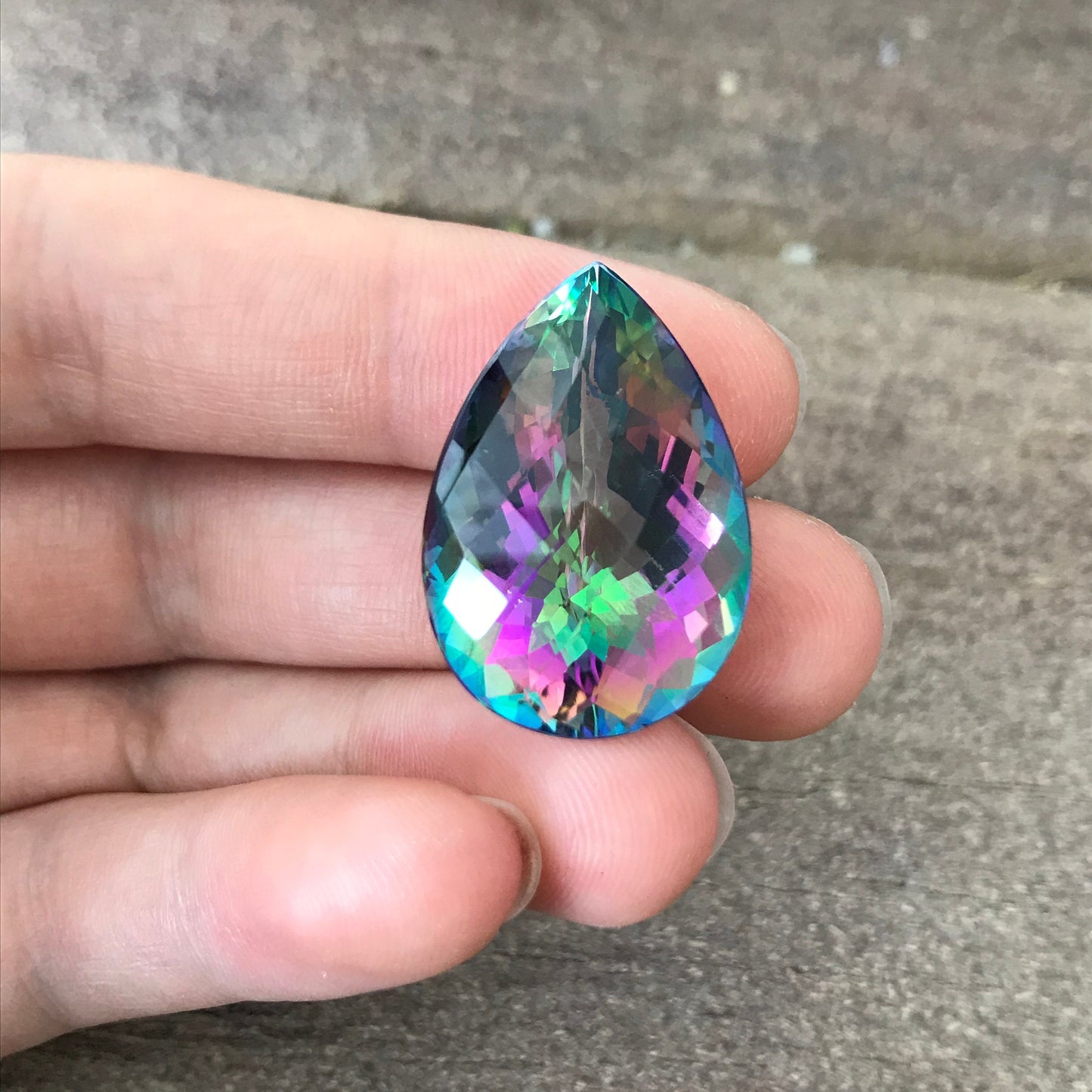 Large Mystic Topaz 40 carat 26x18mm Checkerboard Pear Cut, Faceted Loose Coated Gemstone