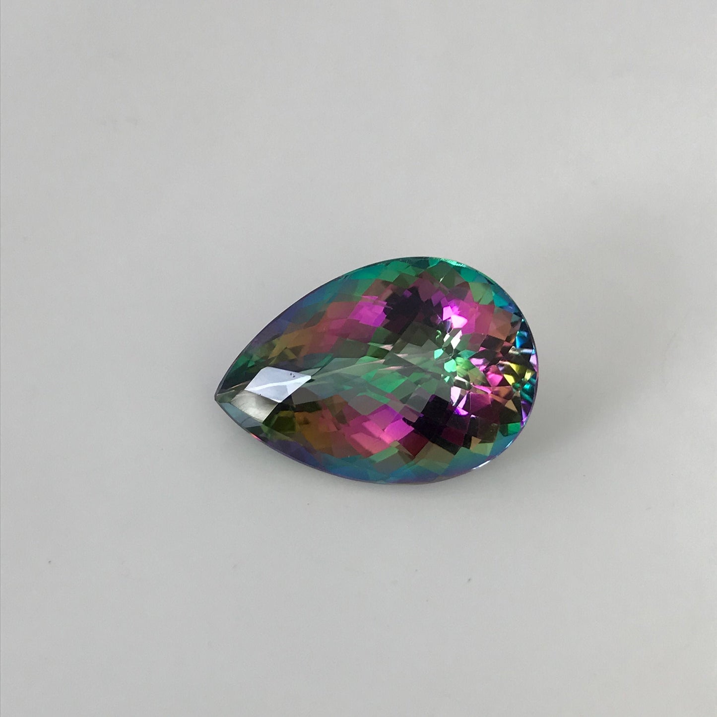Large Mystic Topaz 40 carat 26x18mm Checkerboard Pear Cut, Faceted Loose Coated Gemstone