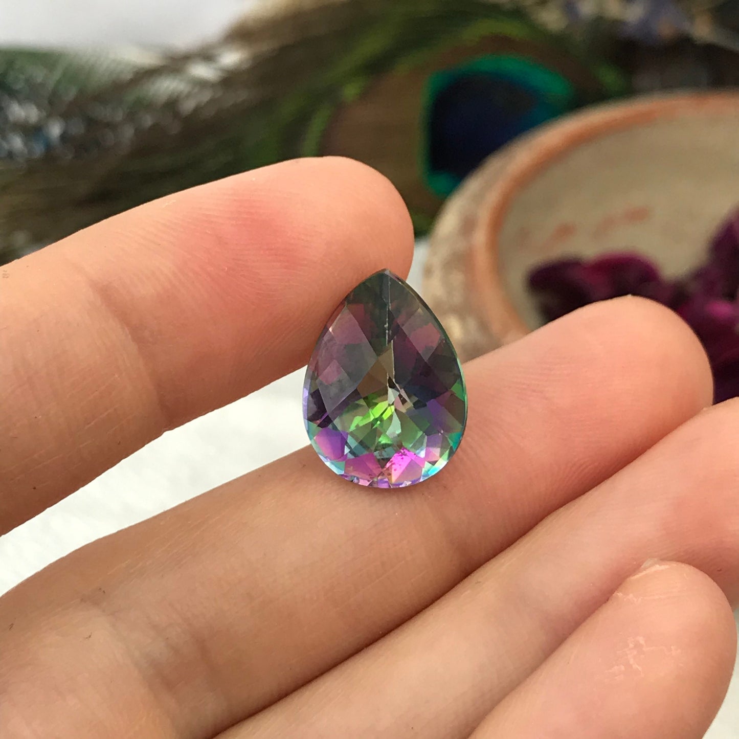 Mystic Topaz 8.38 carat 16x12mm Checkerboard Pear Cut, Faceted Loose Unmounted Multi Color