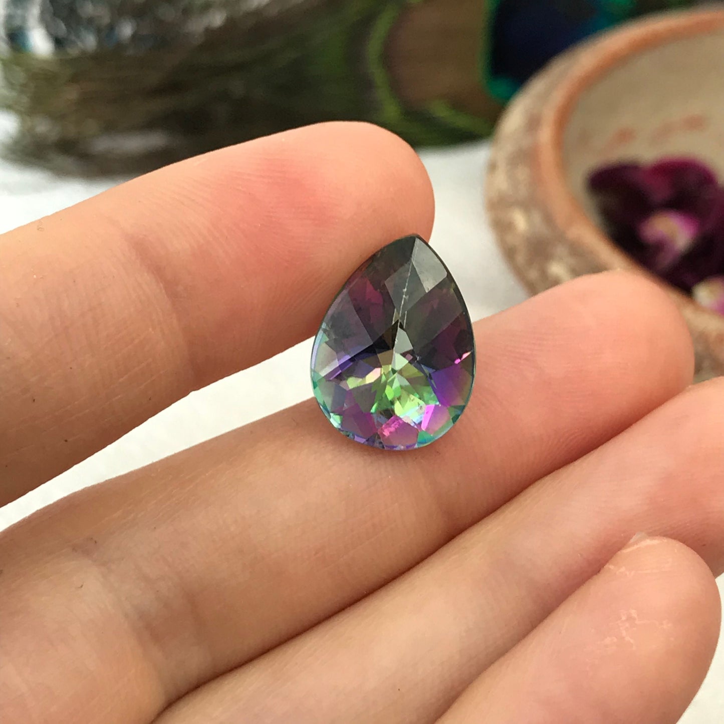 Mystic Topaz 8.38 carat 16x12mm Checkerboard Pear Cut, Faceted Loose Unmounted Multi Color