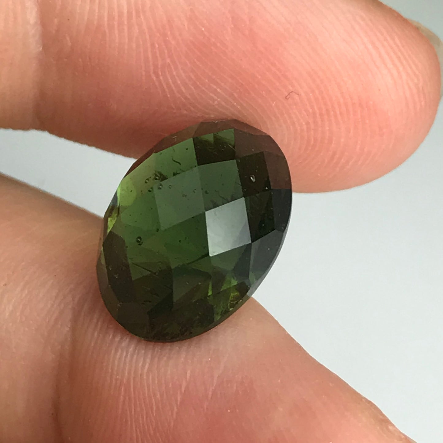 14x10mm Moldavite Loose Gemstone 6.52 Carats  Fancy Oval Checkerboard Cut Faceted Gemstone, Tektite