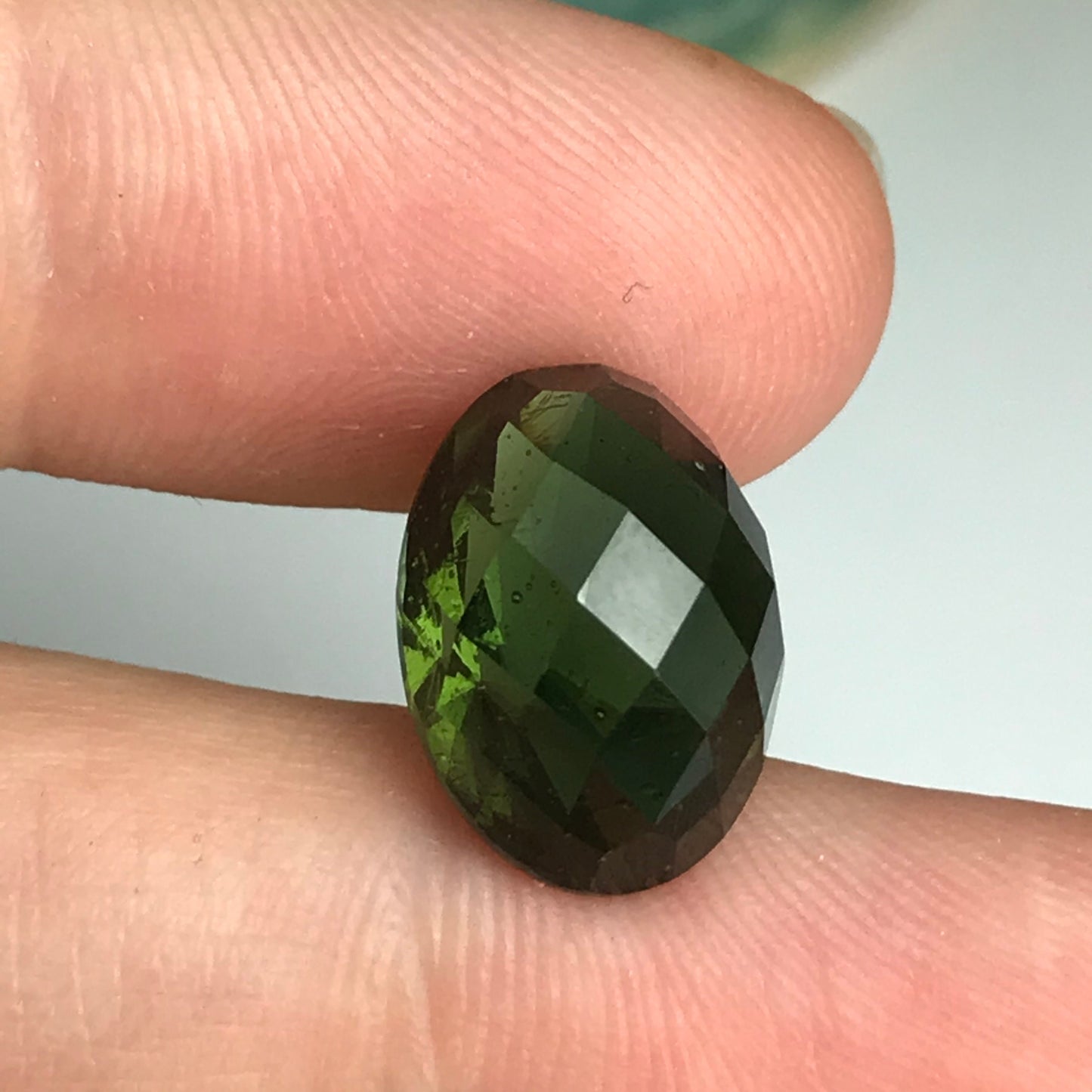 14x10mm Moldavite Loose Gemstone 6.52 Carats  Fancy Oval Checkerboard Cut Faceted Gemstone, Tektite
