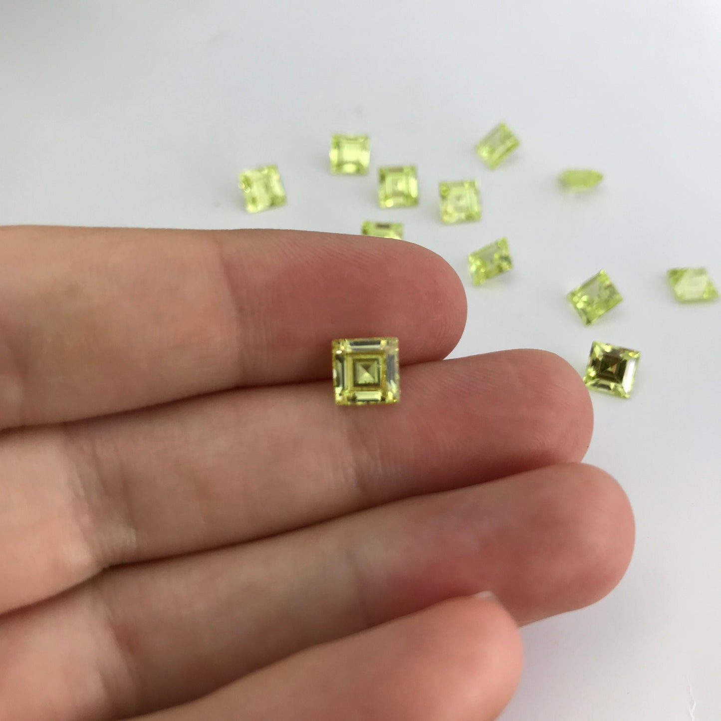 One- Loose Yellow Green Cubic Zirconia, 6mm Square CZ, 2 carat Chartreuse Carre cu , Diamond Simulant, Recycled CZ, Double Sided Rose Cut