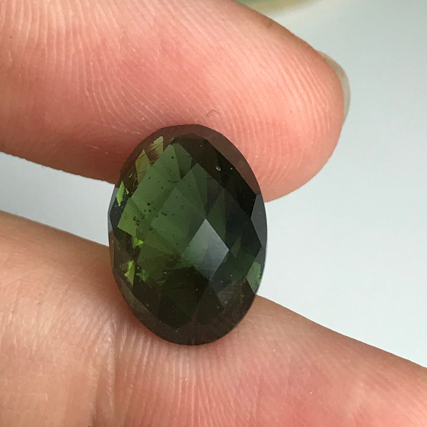 14x10mm Moldavite Loose Gemstone 6.52 Carats  Fancy Oval Checkerboard Cut Faceted Gemstone, Tektite