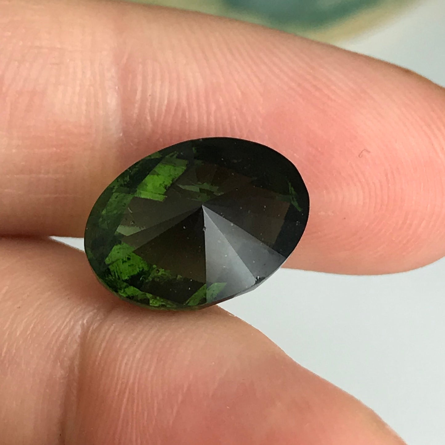 14x10mm Moldavite Loose Gemstone 6.52 Carats  Fancy Oval Checkerboard Cut Faceted Gemstone, Tektite