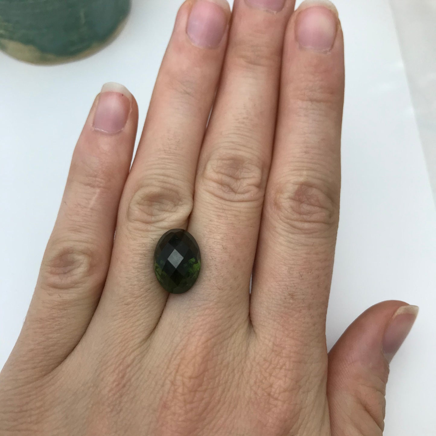 14x10mm Moldavite Loose Gemstone 6.52 Carats  Fancy Oval Checkerboard Cut Faceted Gemstone, Tektite