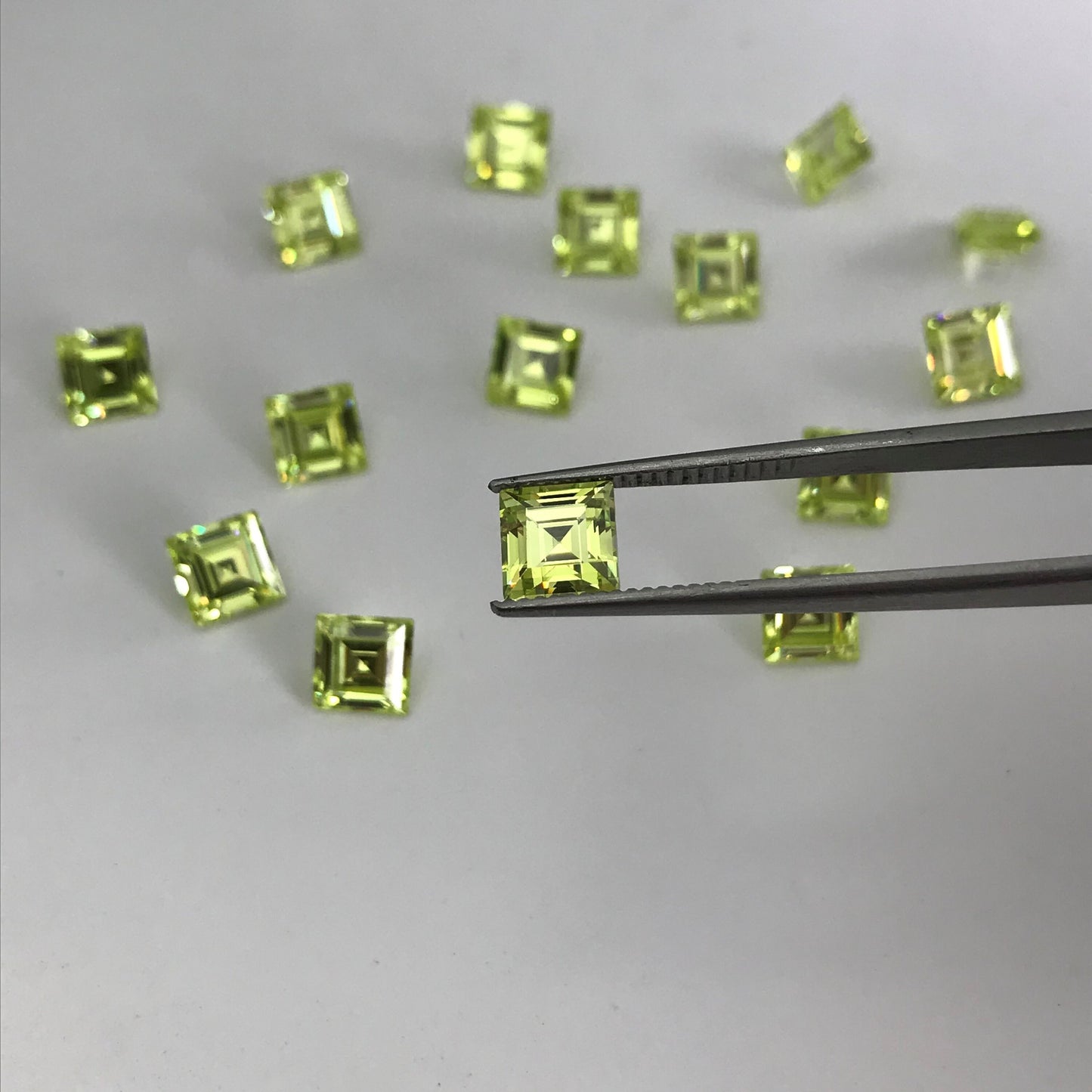 One- Loose Yellow Green Cubic Zirconia, 6mm Square CZ, 2 carat Chartreuse Carre cu , Diamond Simulant, Recycled CZ, Double Sided Rose Cut