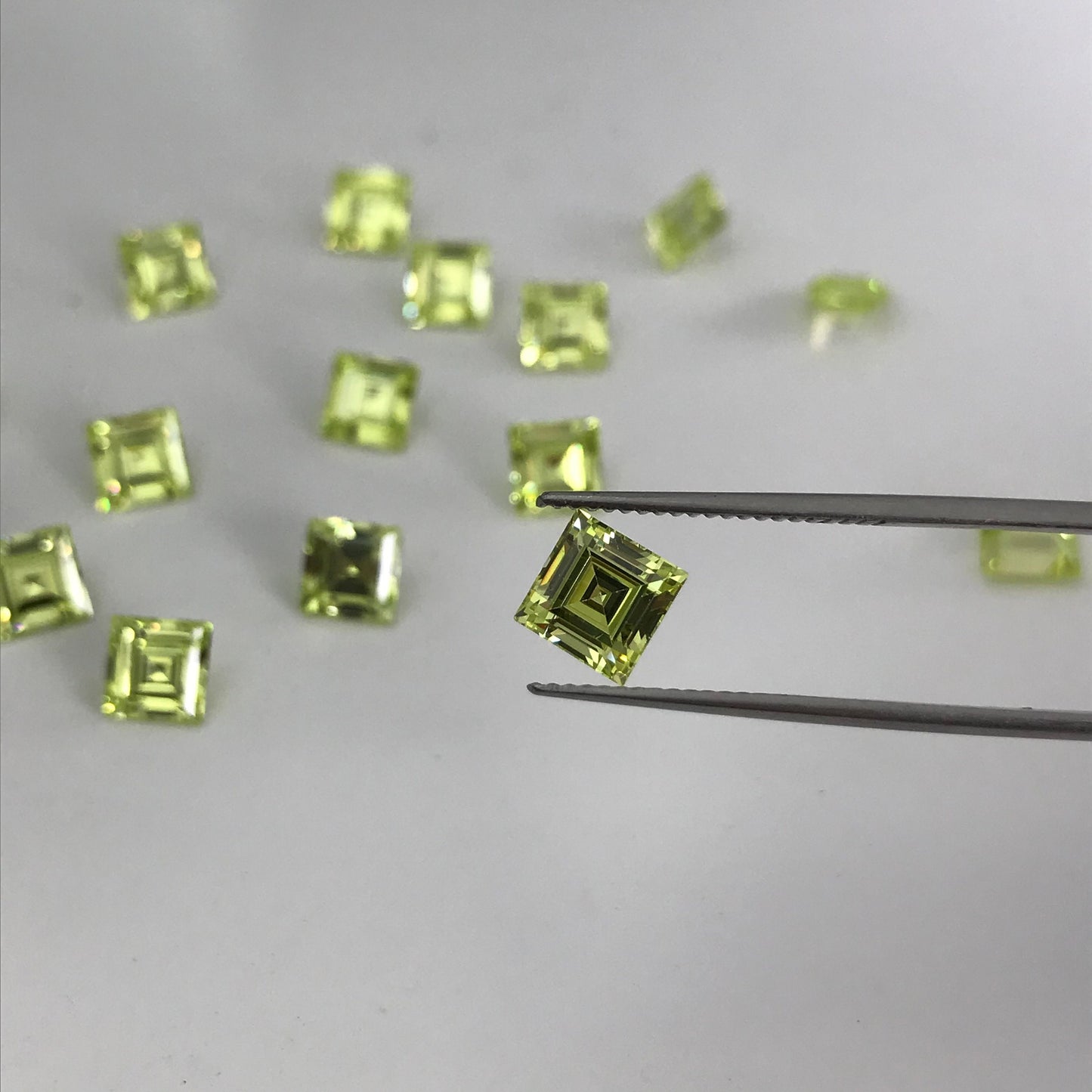 One- Loose Yellow Green Cubic Zirconia, 6mm Square CZ, 2 carat Chartreuse Carre cu , Diamond Simulant, Recycled CZ, Double Sided Rose Cut