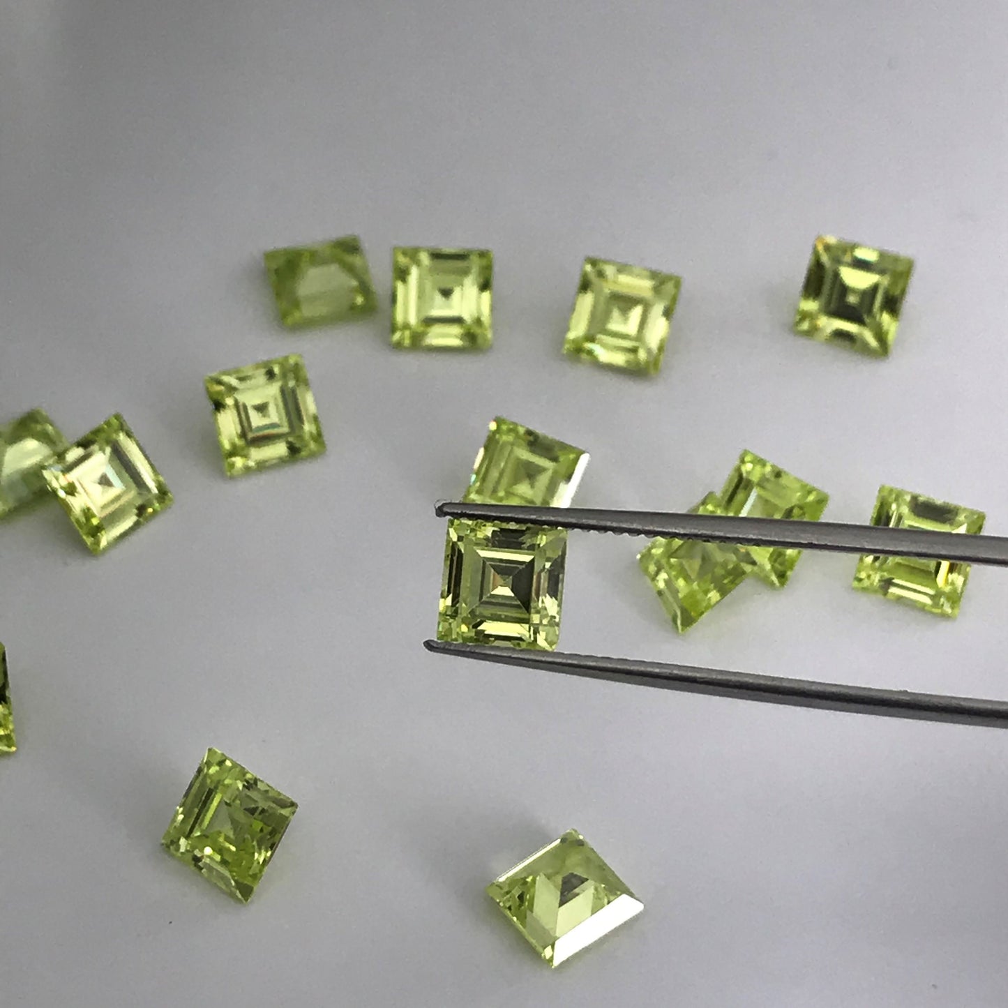 One- Loose Yellow Green Cubic Zirconia, 6mm Square CZ, 2 carat Chartreuse Carre cu , Diamond Simulant, Recycled CZ, Double Sided Rose Cut