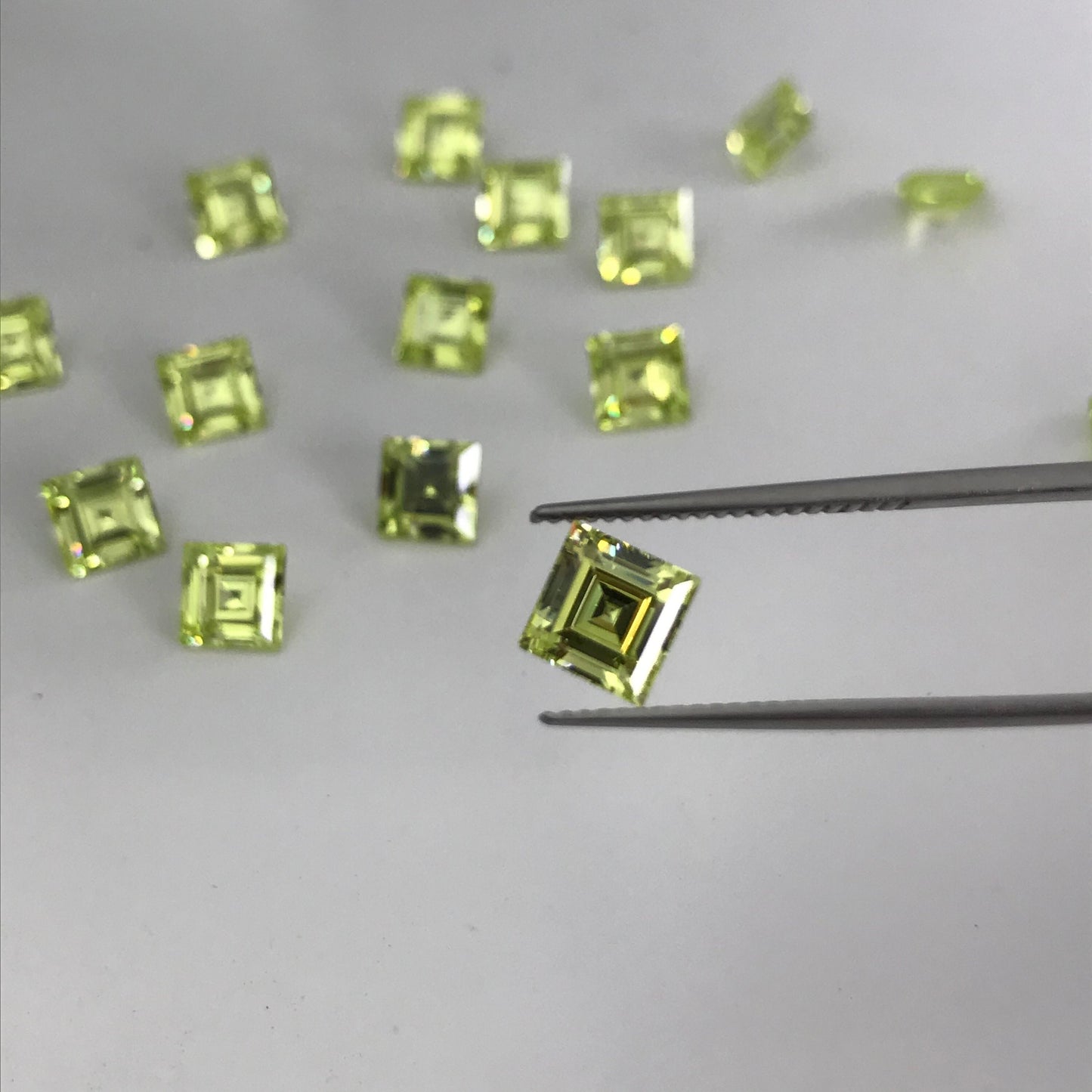 One- Loose Yellow Green Cubic Zirconia, 6mm Square CZ, 2 carat Chartreuse Carre cu , Diamond Simulant, Recycled CZ, Double Sided Rose Cut