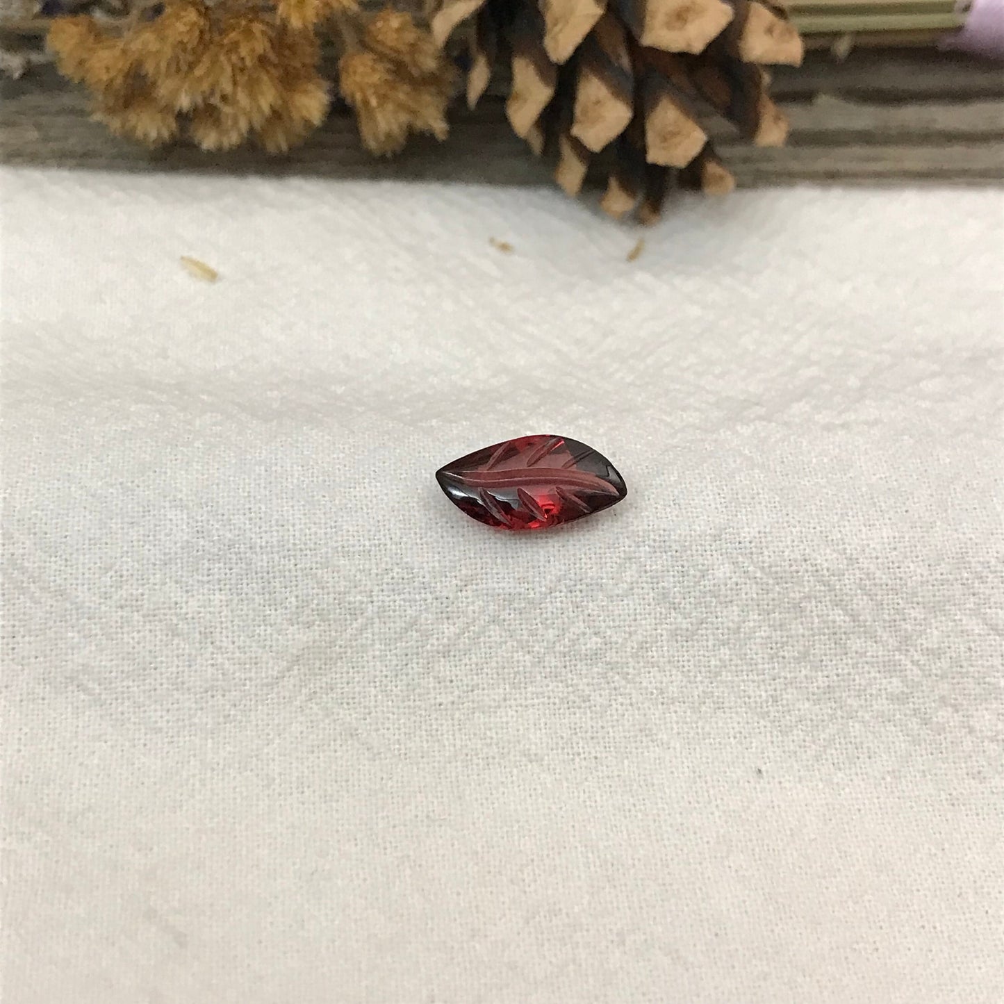 Carved/Faceted Leaf Red Garnet, 3 carat 13.4x7mm Oval Cut, Unmounted Loose Gemstone, Reclaimed Recycled Gemstone