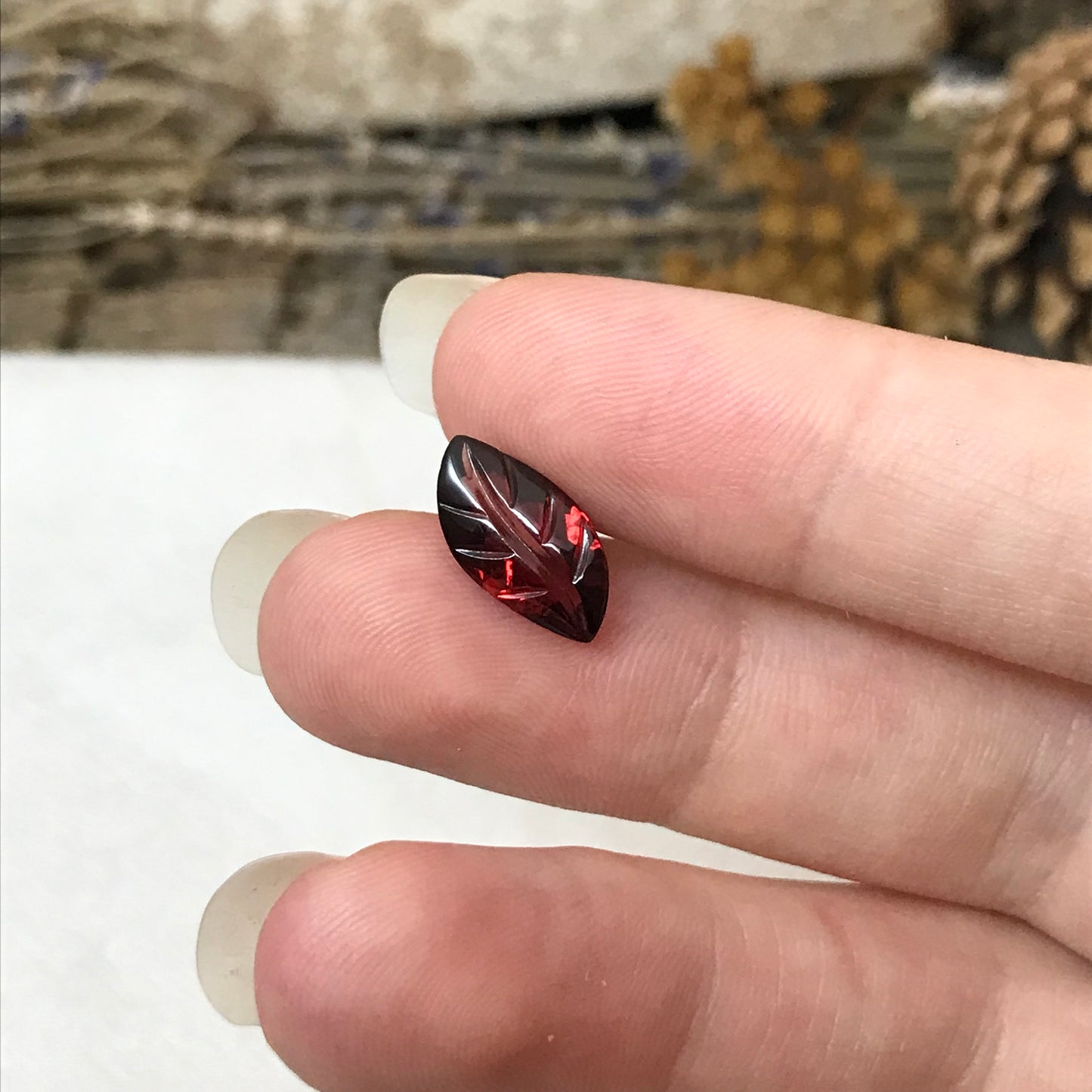 Carved/Faceted Leaf Red Garnet, 3 carat 13.4x7mm Oval Cut, Unmounted Loose Gemstone, Reclaimed Recycled Gemstone
