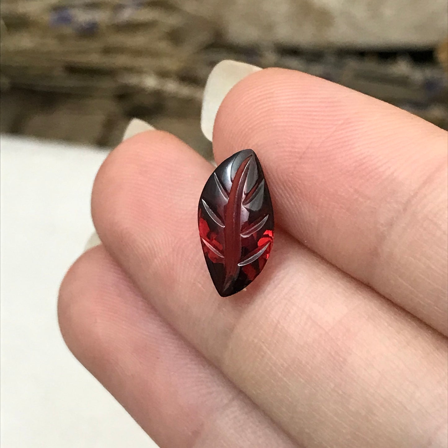 Carved/Faceted Leaf Red Garnet, 3 carat 13.4x7mm Oval Cut, Unmounted Loose Gemstone, Reclaimed Recycled Gemstone