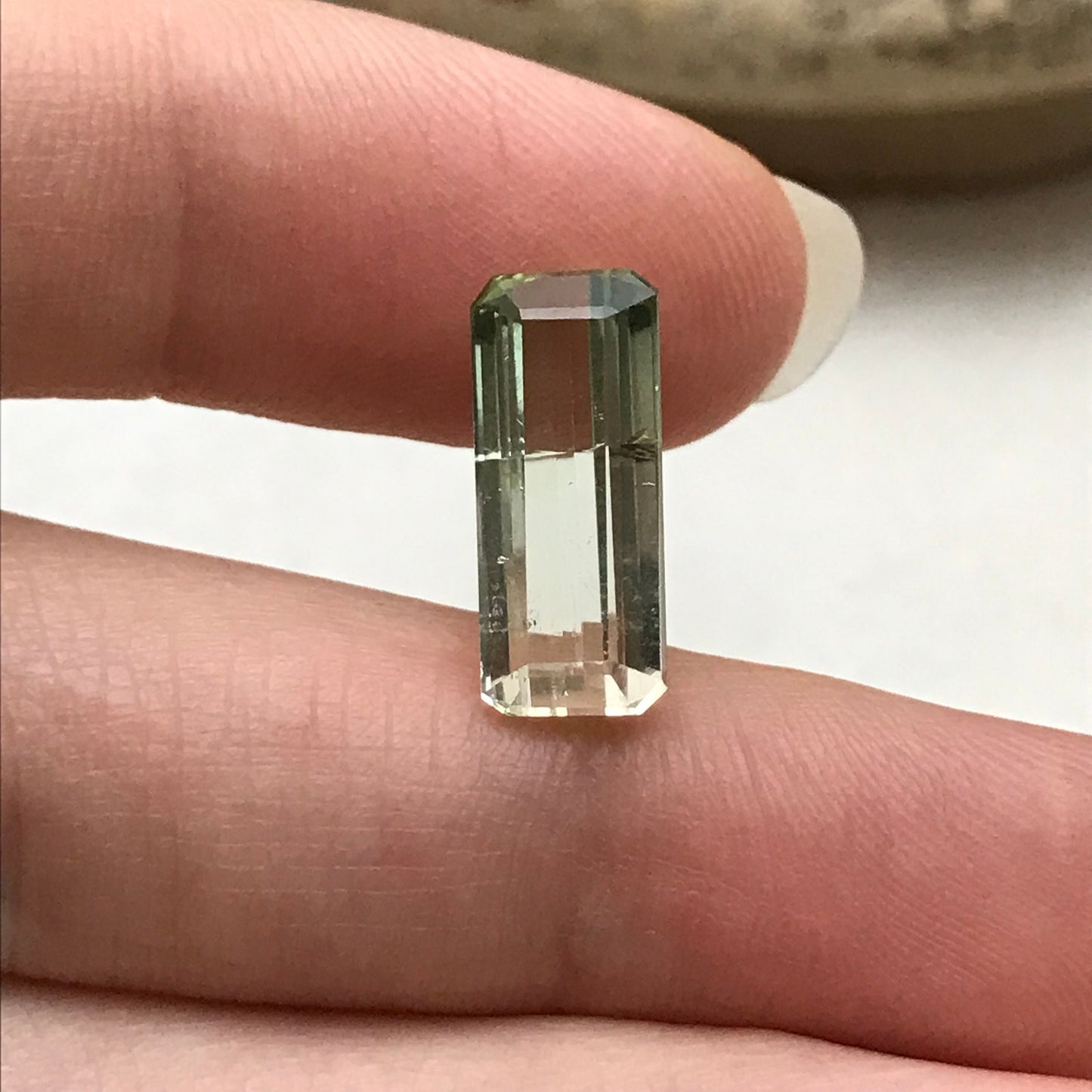 Bi-color Tourmaline 15.5x6.5mm Emerald Cut, 4.16 carats, Natural Faceted Gem, Loose Gemstone, Green/ Peachy Yellowish