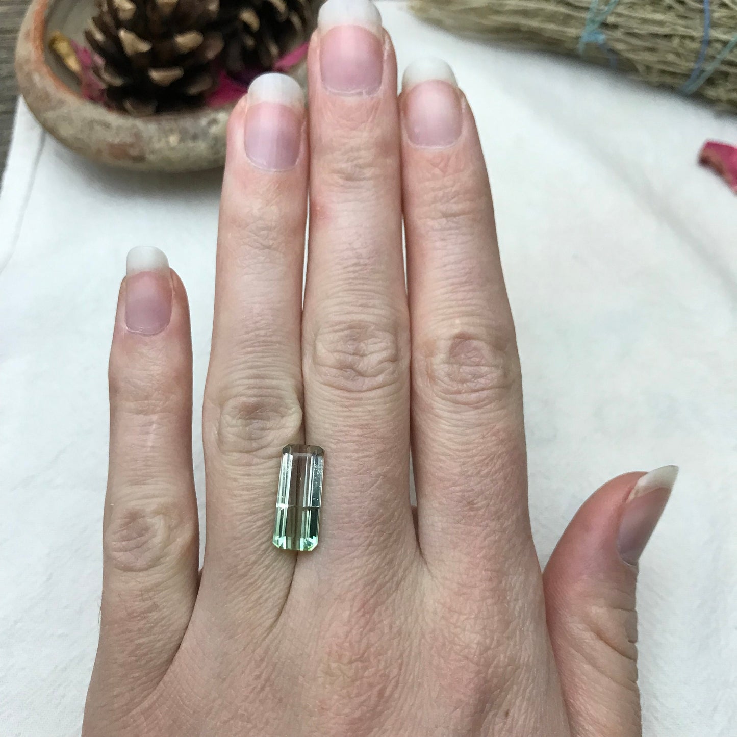 Bi-color Tourmaline 15.5x6.5mm Emerald Cut, 4.16 carats, Natural Faceted Gem, Loose Gemstone, Green/ Peachy Yellowish