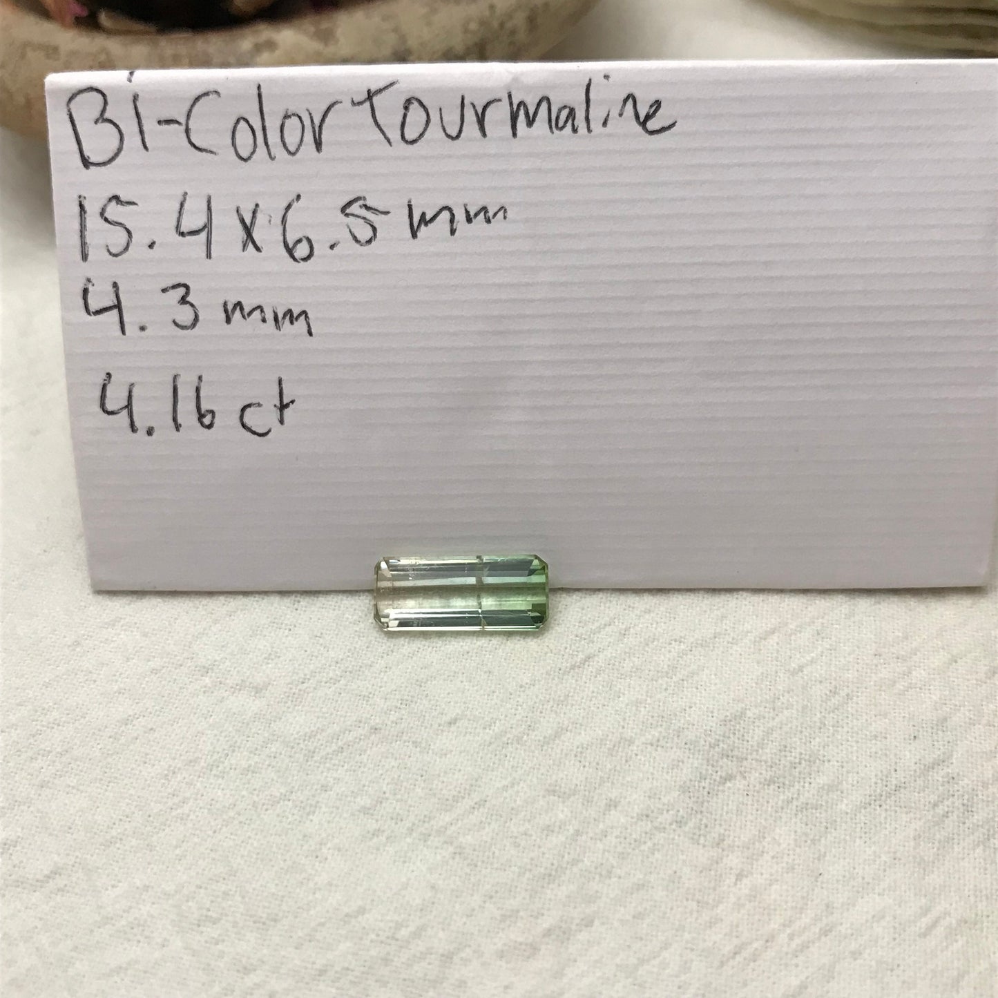 Bi-color Tourmaline 15.5x6.5mm Emerald Cut, 4.16 carats, Natural Faceted Gem, Loose Gemstone, Green/ Peachy Yellowish
