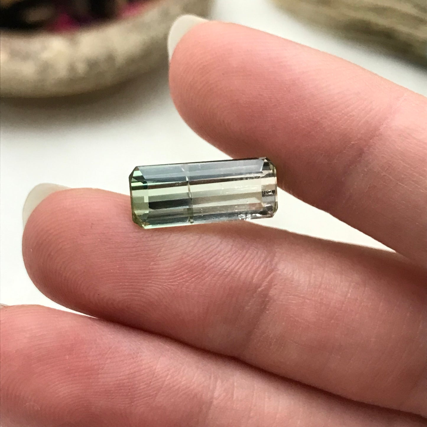 Bi-color Tourmaline 15.5x6.5mm Emerald Cut, 4.16 carats, Natural Faceted Gem, Loose Gemstone, Green/ Peachy Yellowish