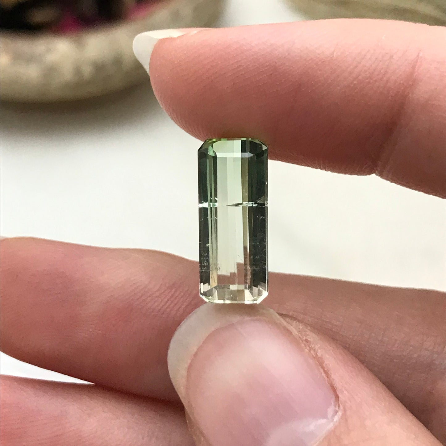 Bi-color Tourmaline 15.5x6.5mm Emerald Cut, 4.16 carats, Natural Faceted Gem, Loose Gemstone, Green/ Peachy Yellowish