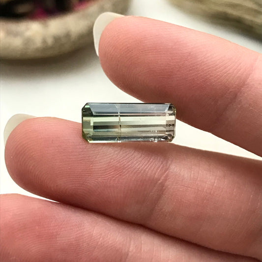 Bi-color Tourmaline 15.5x6.5mm Emerald Cut, 4.16 carats, Natural Faceted Gem, Loose Gemstone, Green/ Peachy Yellowish